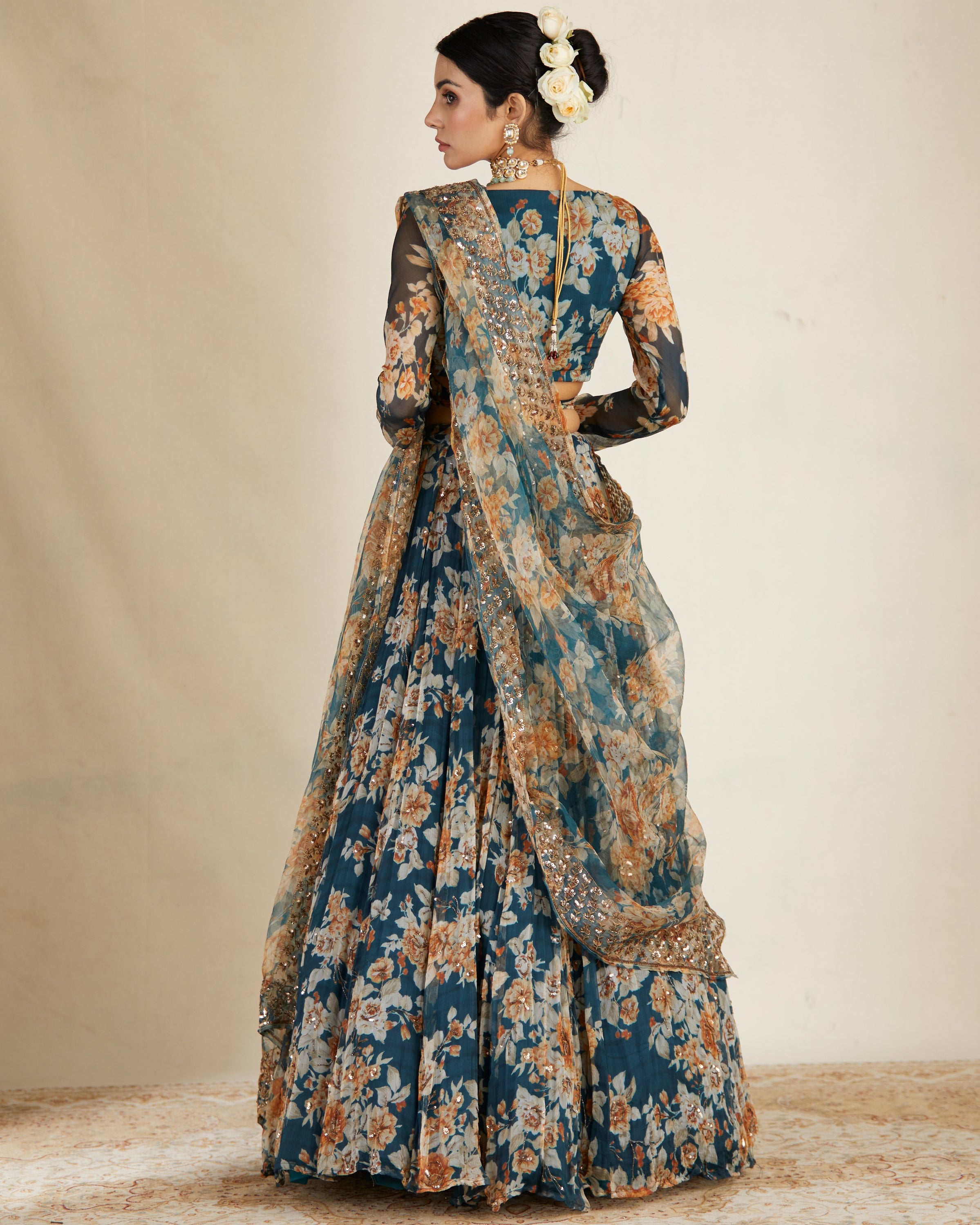 Teal Blue Chiffon Floral Lehenga Set