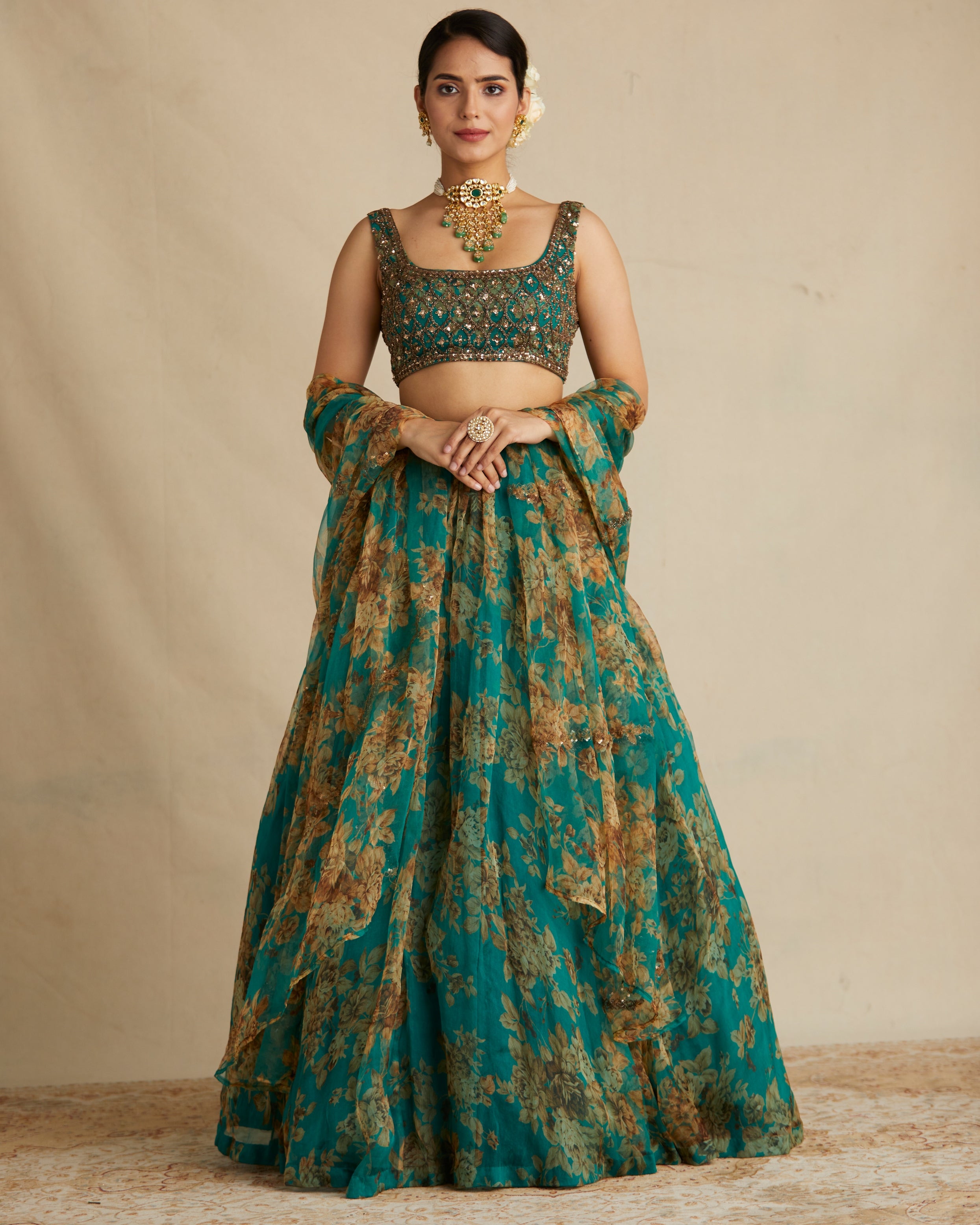 Teal Green Floral Lehenga Set