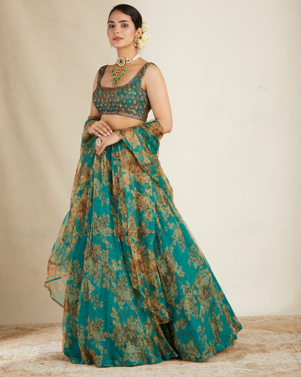 Teal Green Floral Lehenga Set