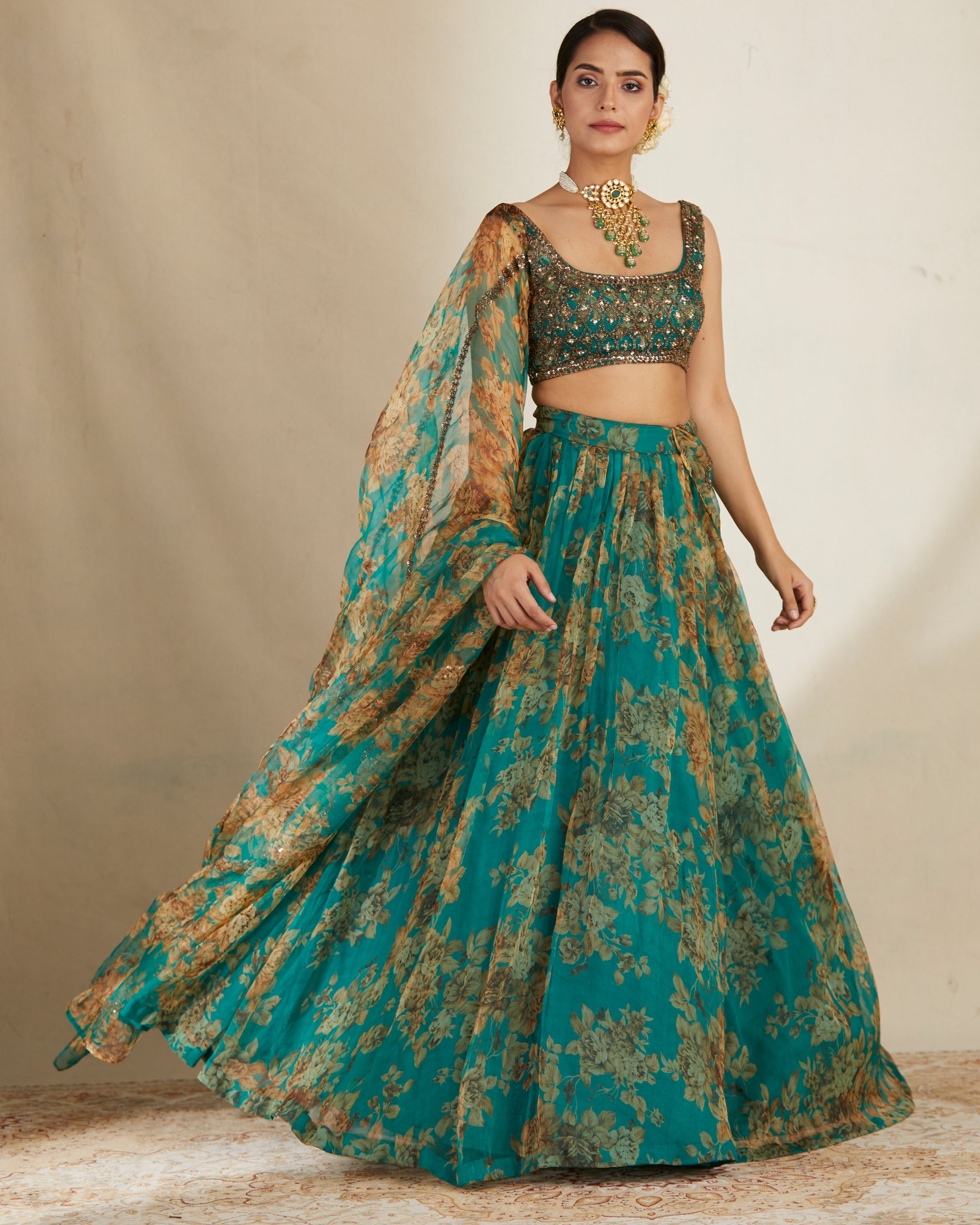 Teal Green Floral Lehenga Set