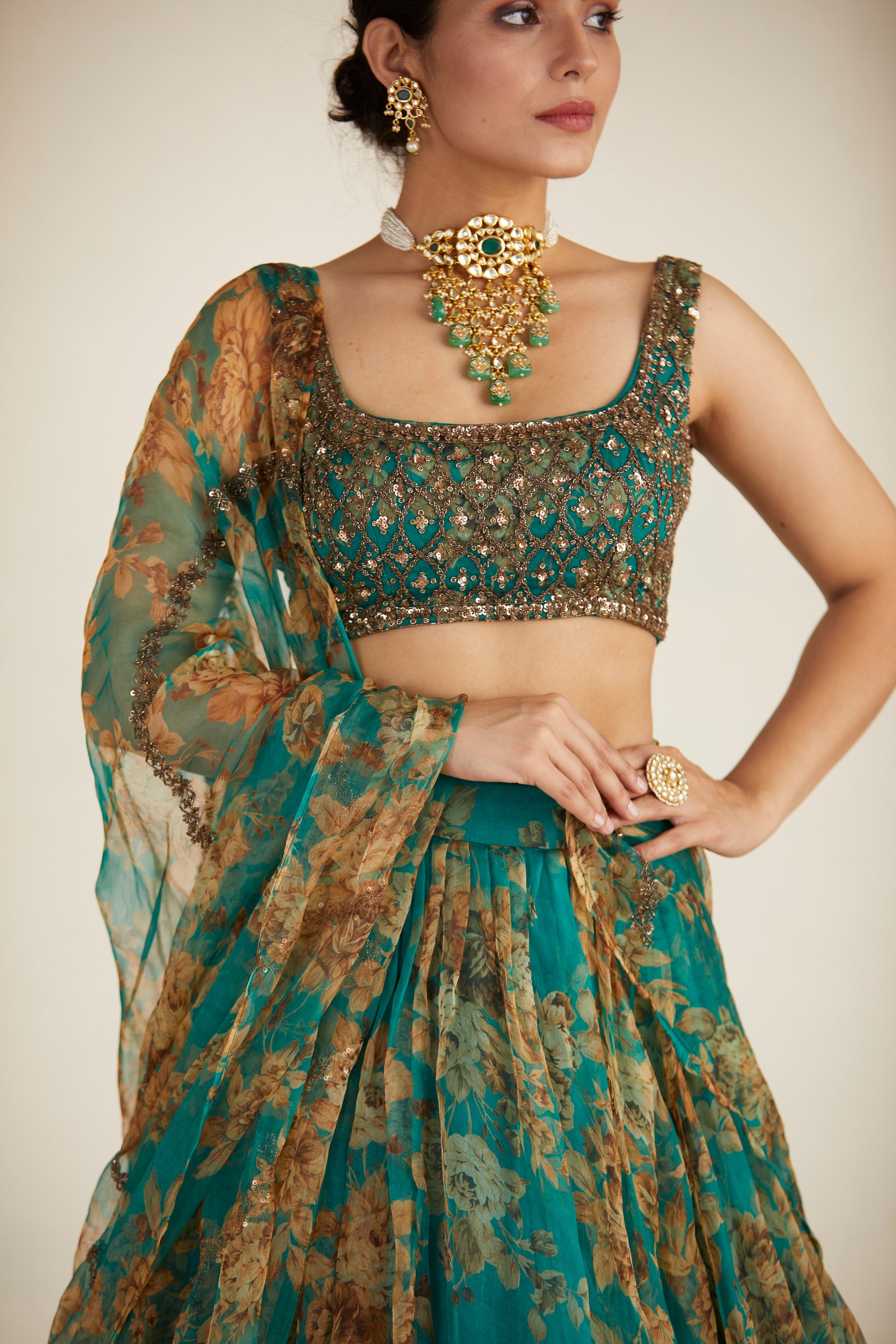 Teal Green Floral Lehenga Set