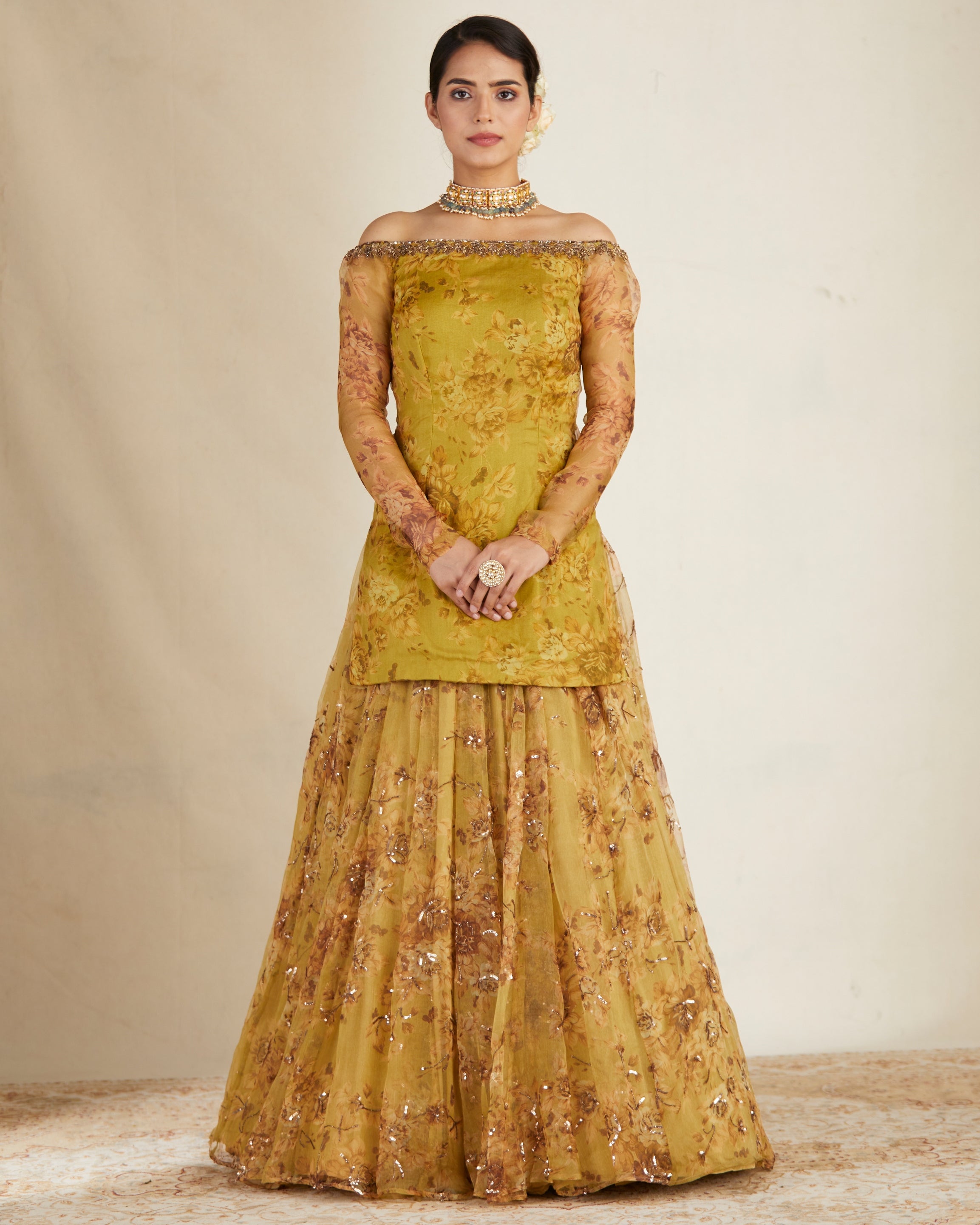 Mustard Floral Off Shoulder Kurti & Skirt