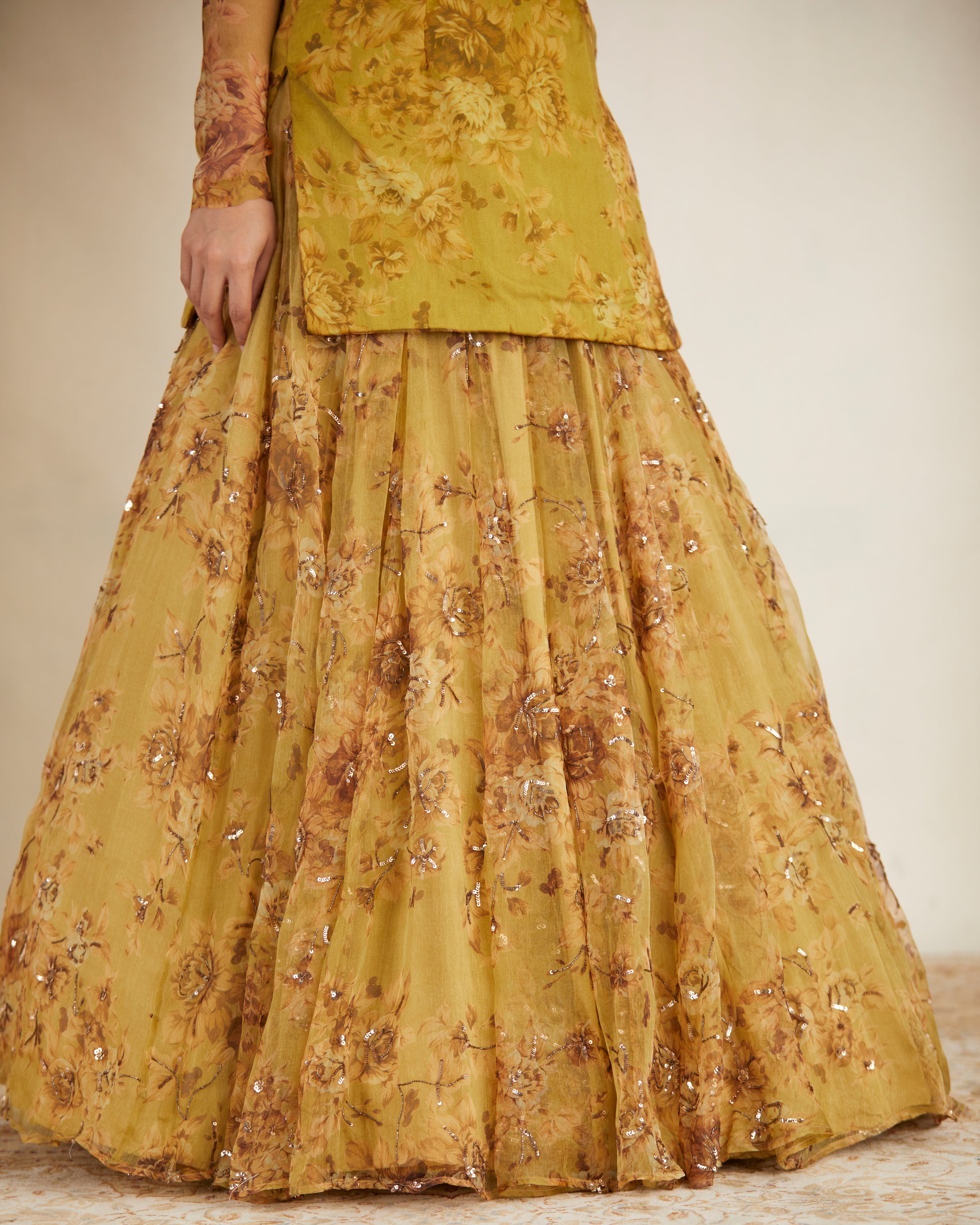 Mustard Floral Off Shoulder Kurti & Skirt