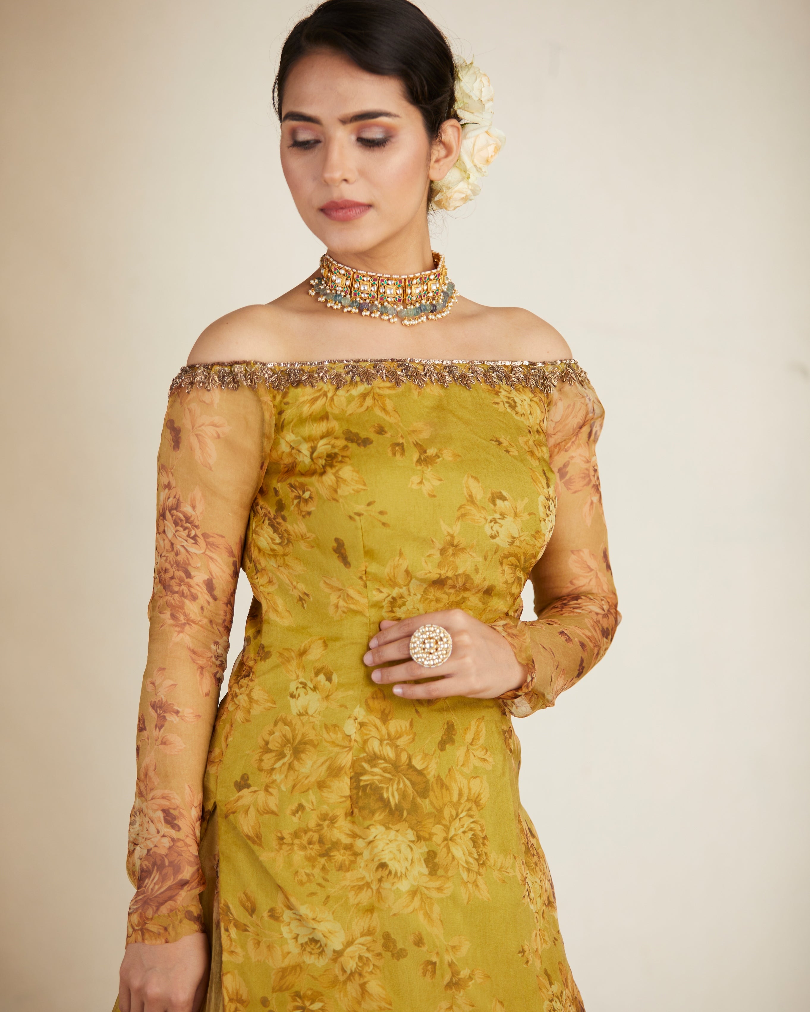 Mustard Floral Off Shoulder Kurti & Skirt