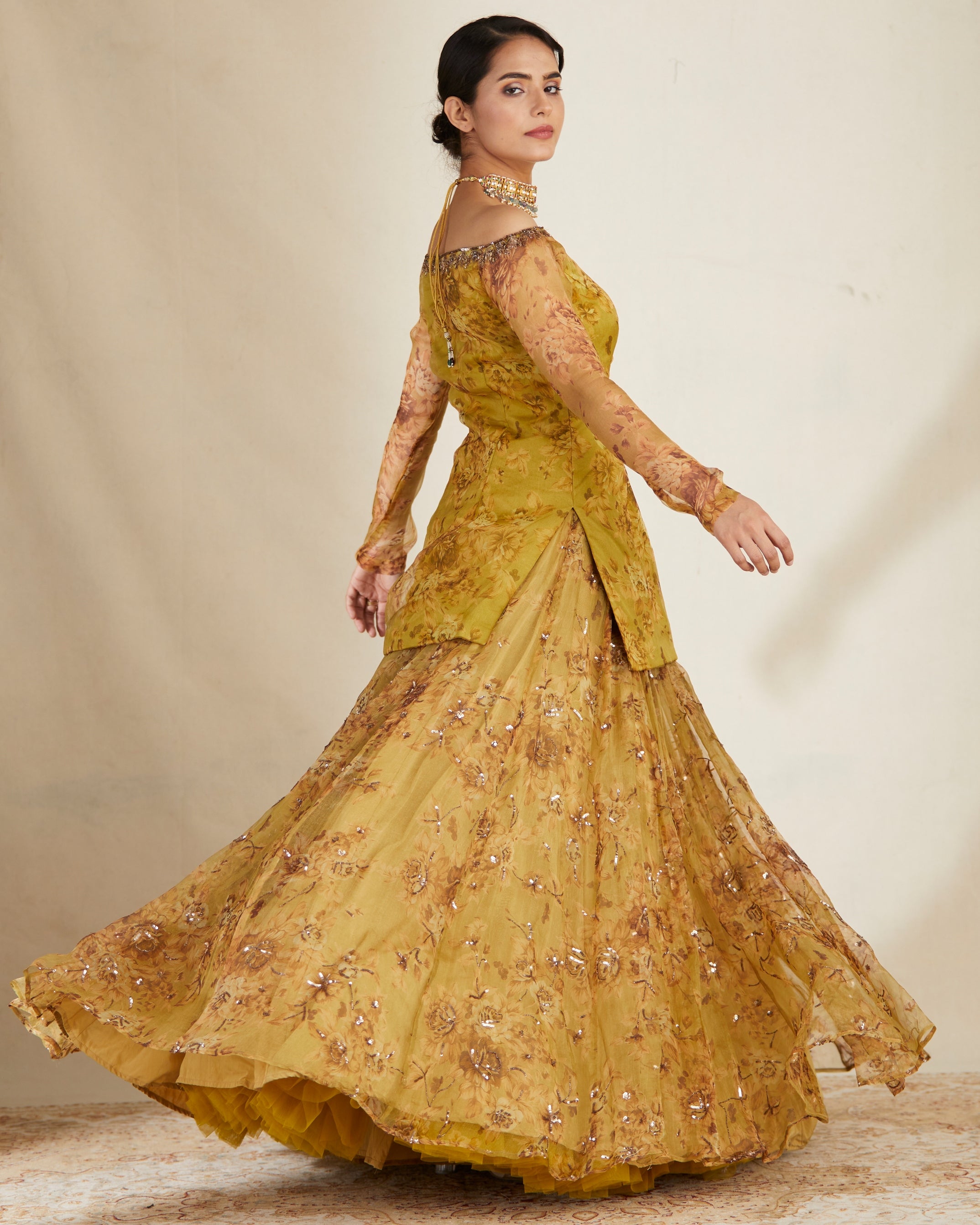 Mustard Floral Off Shoulder Kurti & Skirt