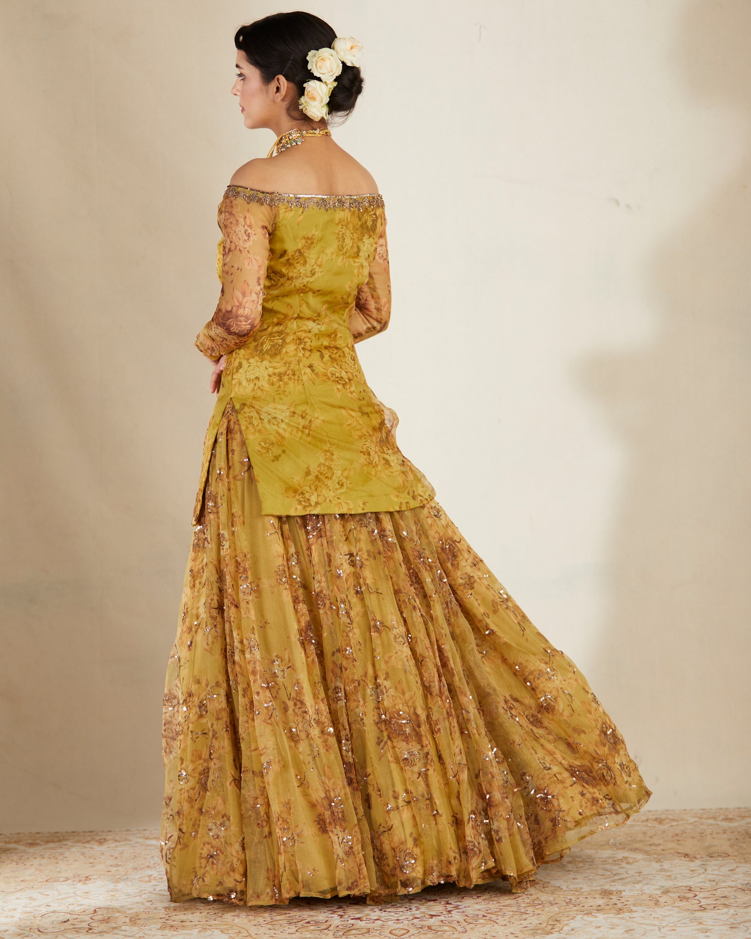 Mustard Floral Off Shoulder Kurti & Skirt