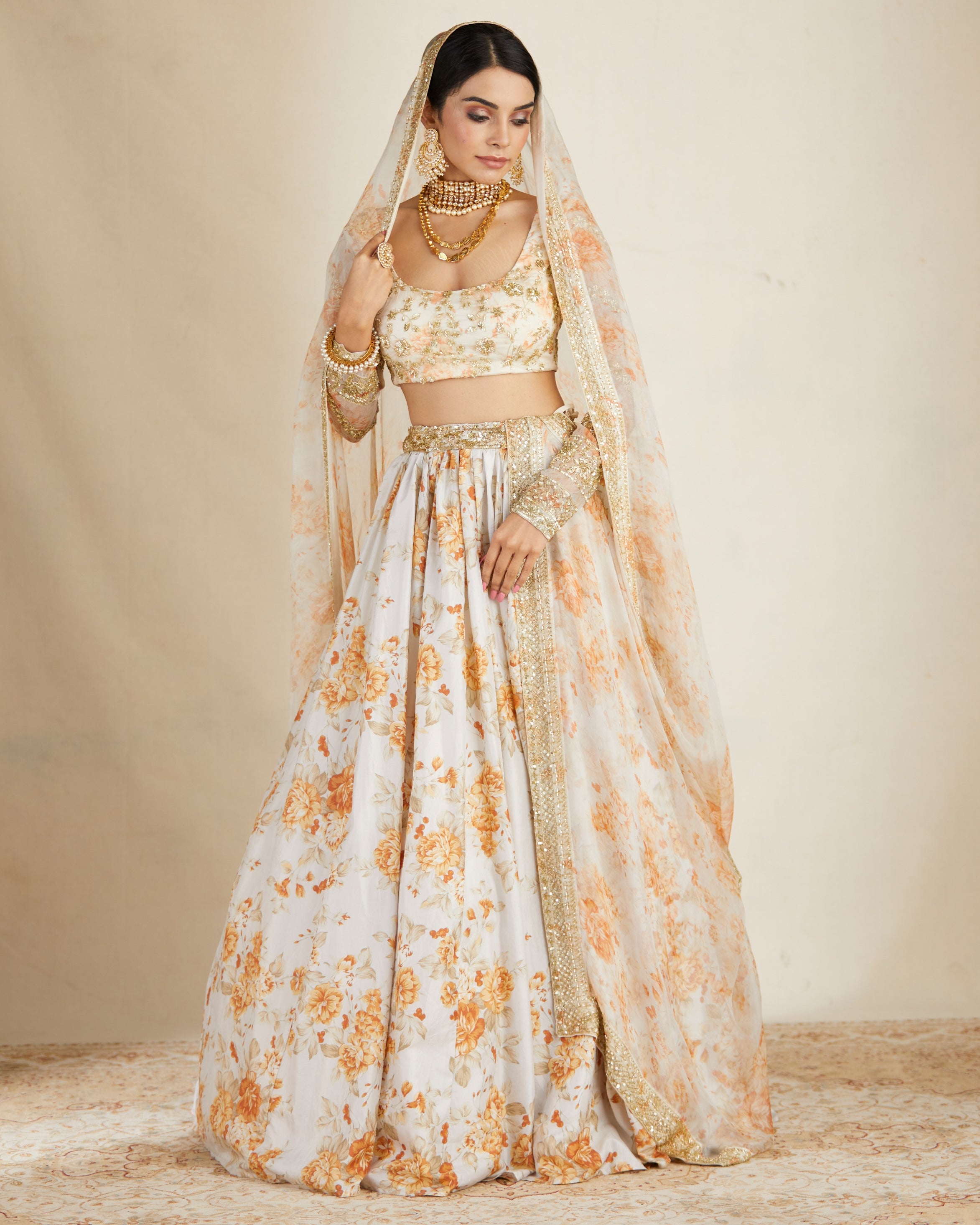 Off White Silk Floral Lehenga Set