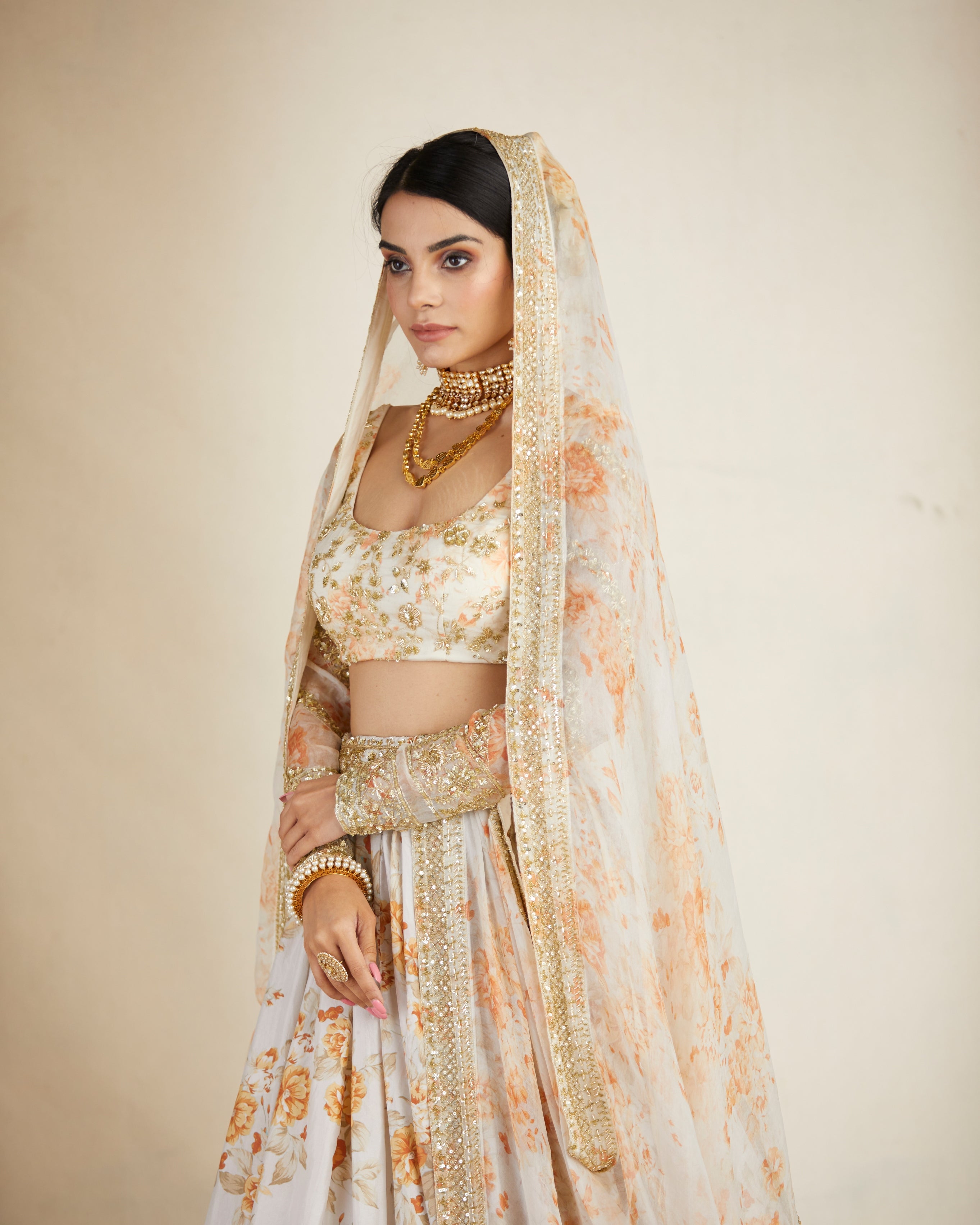 Off White Silk Floral Lehenga Set