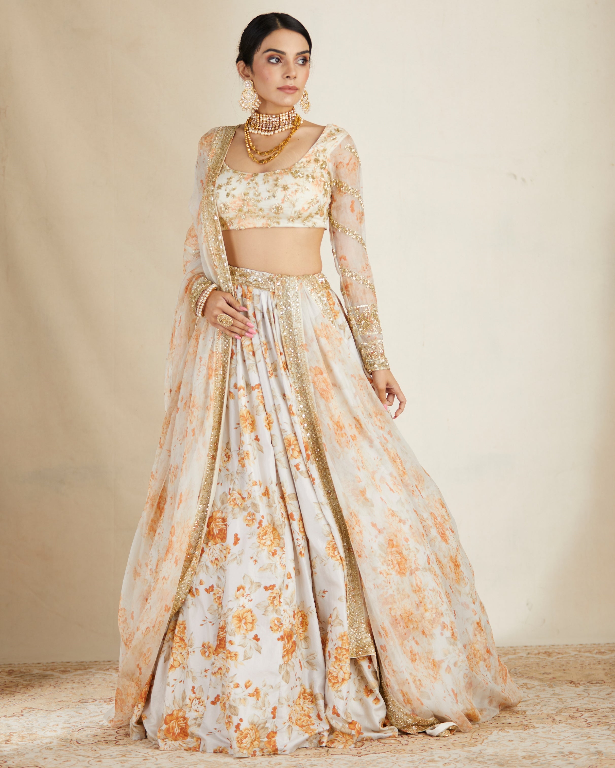 Off White Silk Floral Lehenga Set