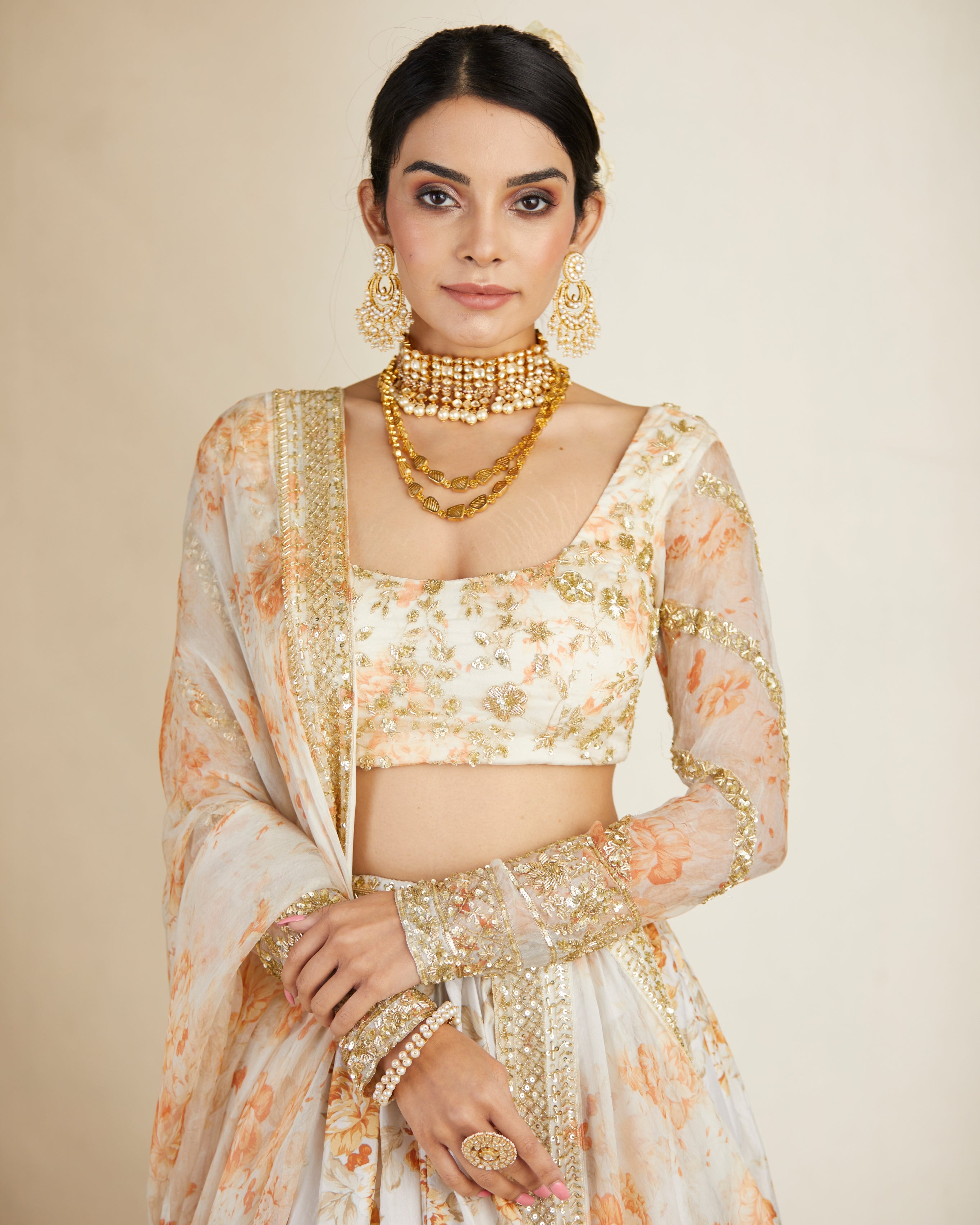 Off White Silk Floral Lehenga Set