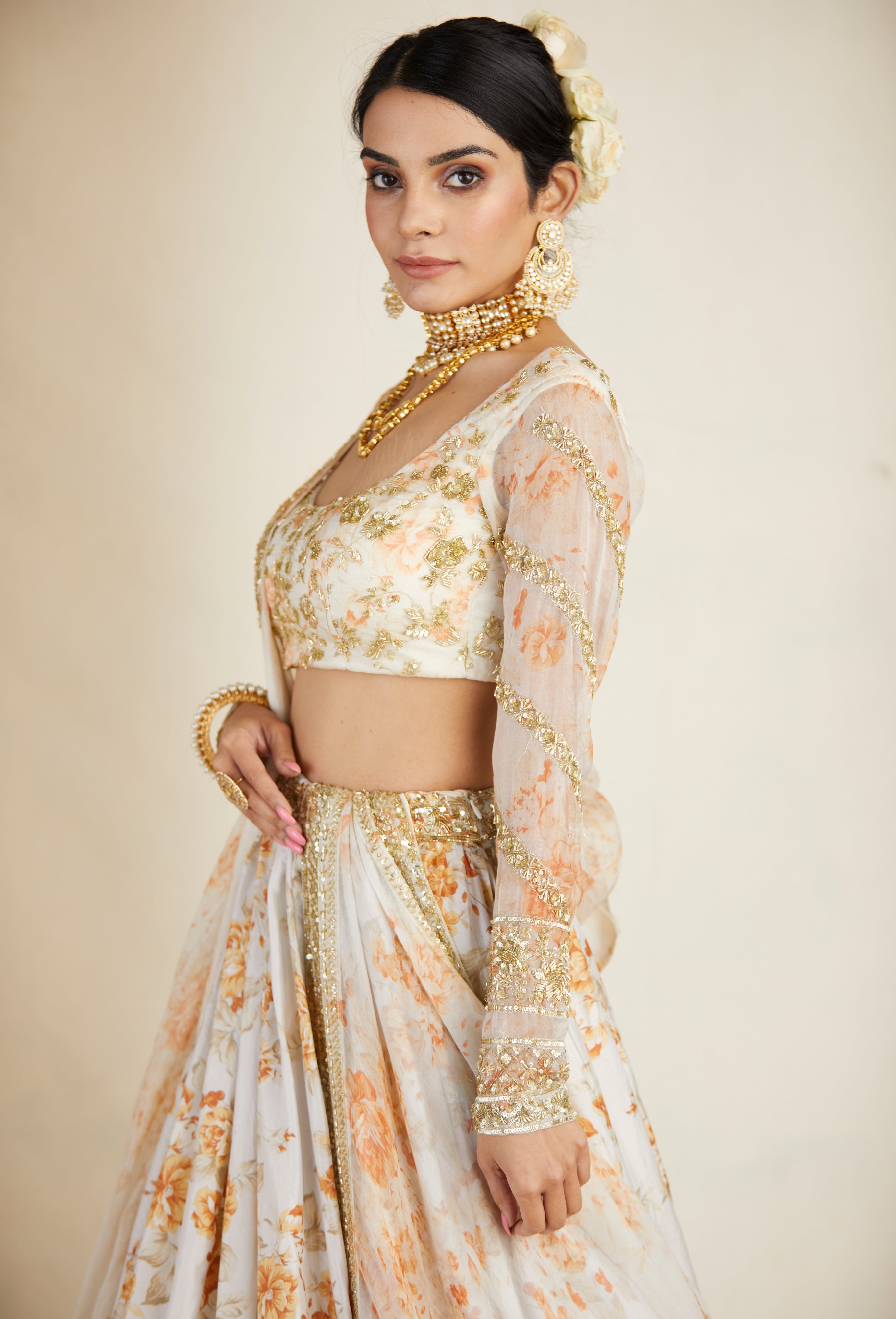 Off White Silk Floral Lehenga Set