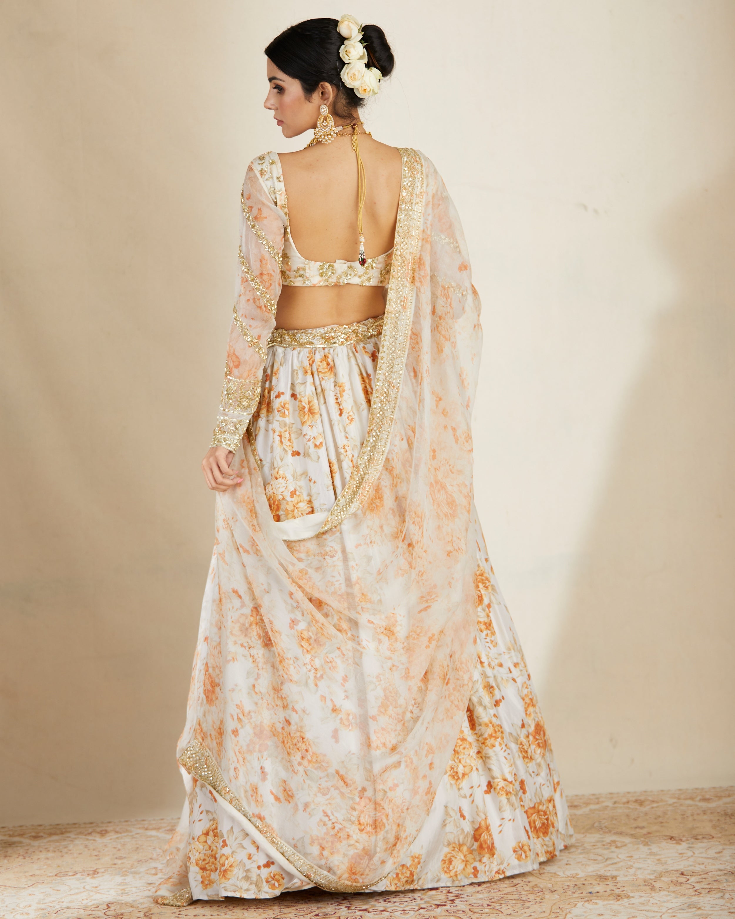 Off White Silk Floral Lehenga Set