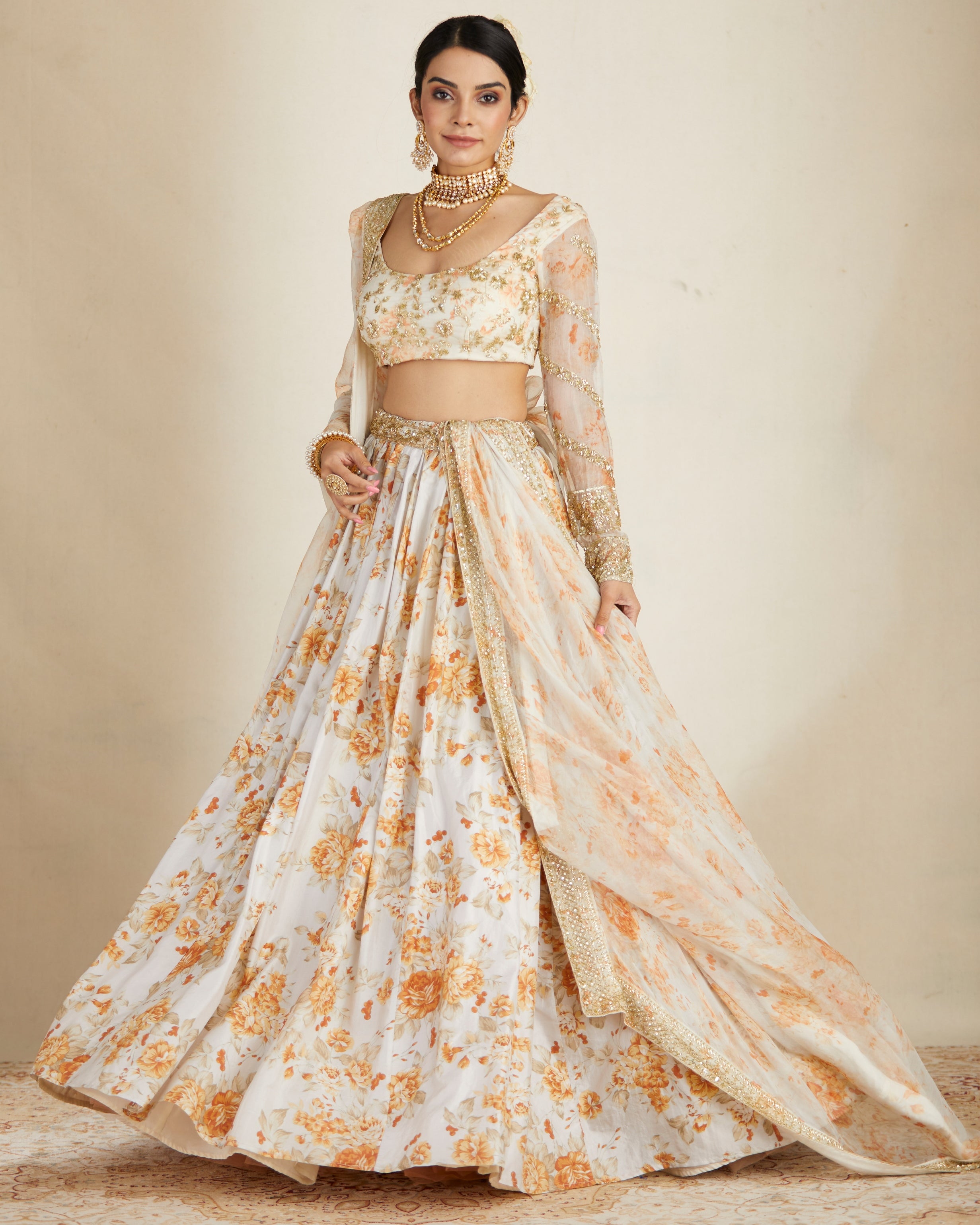 Off White Silk Floral Lehenga Set