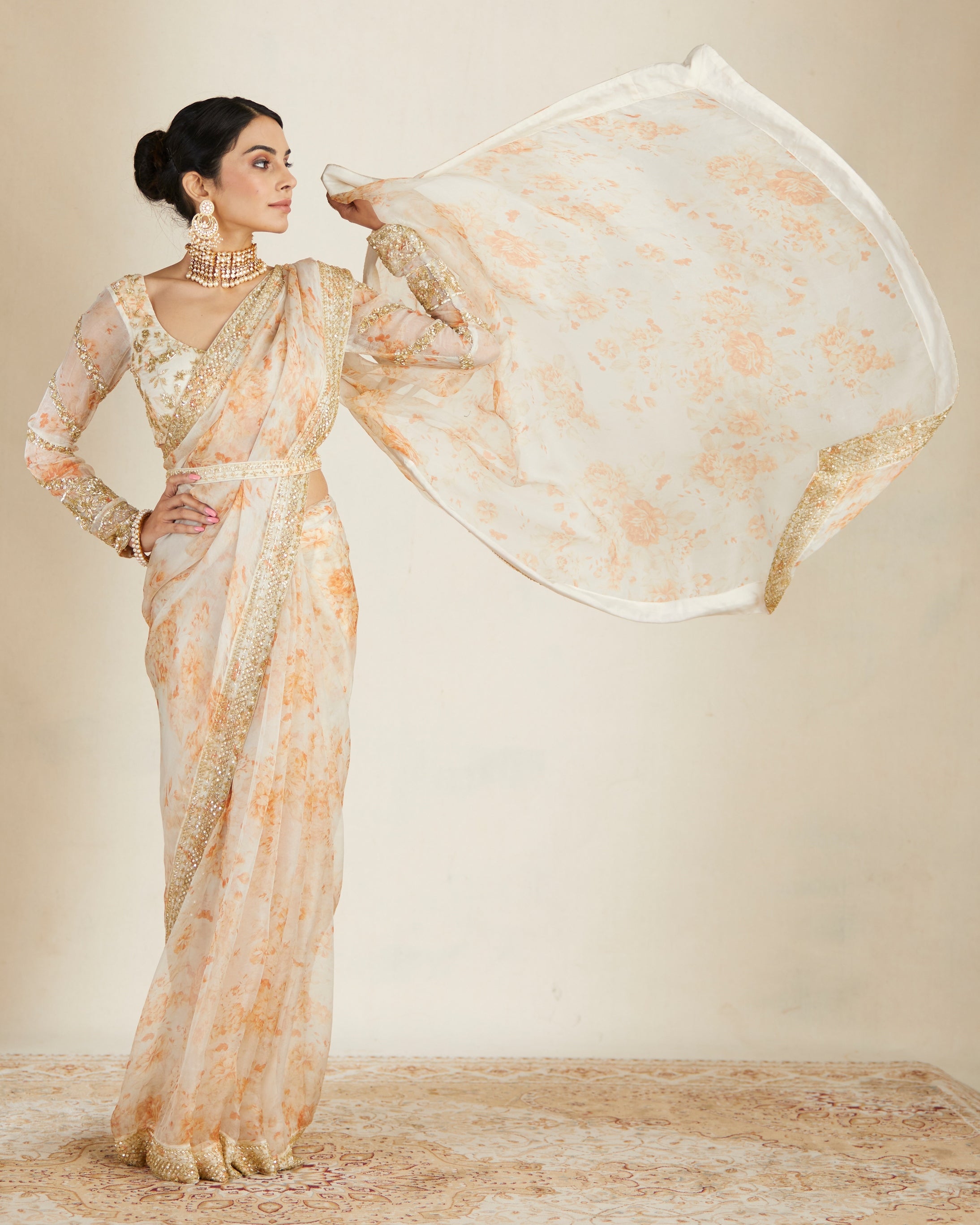 Off White Floral Sari Set