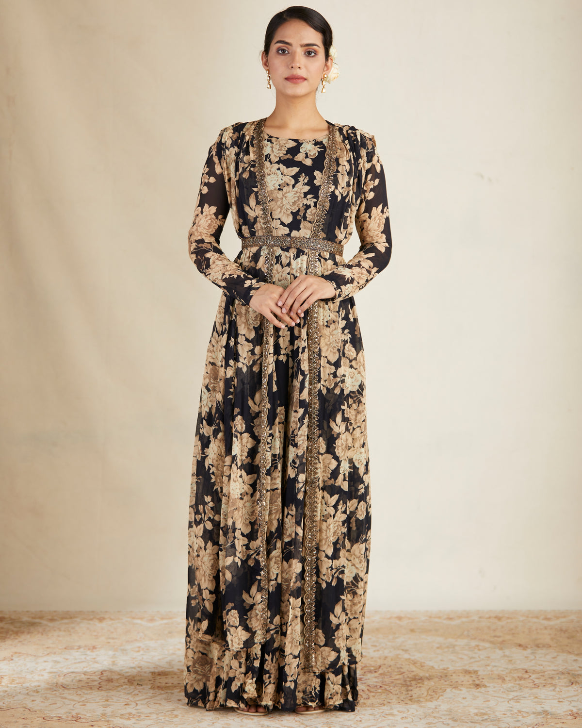 Black Floral Jumpsuit With Cape Set