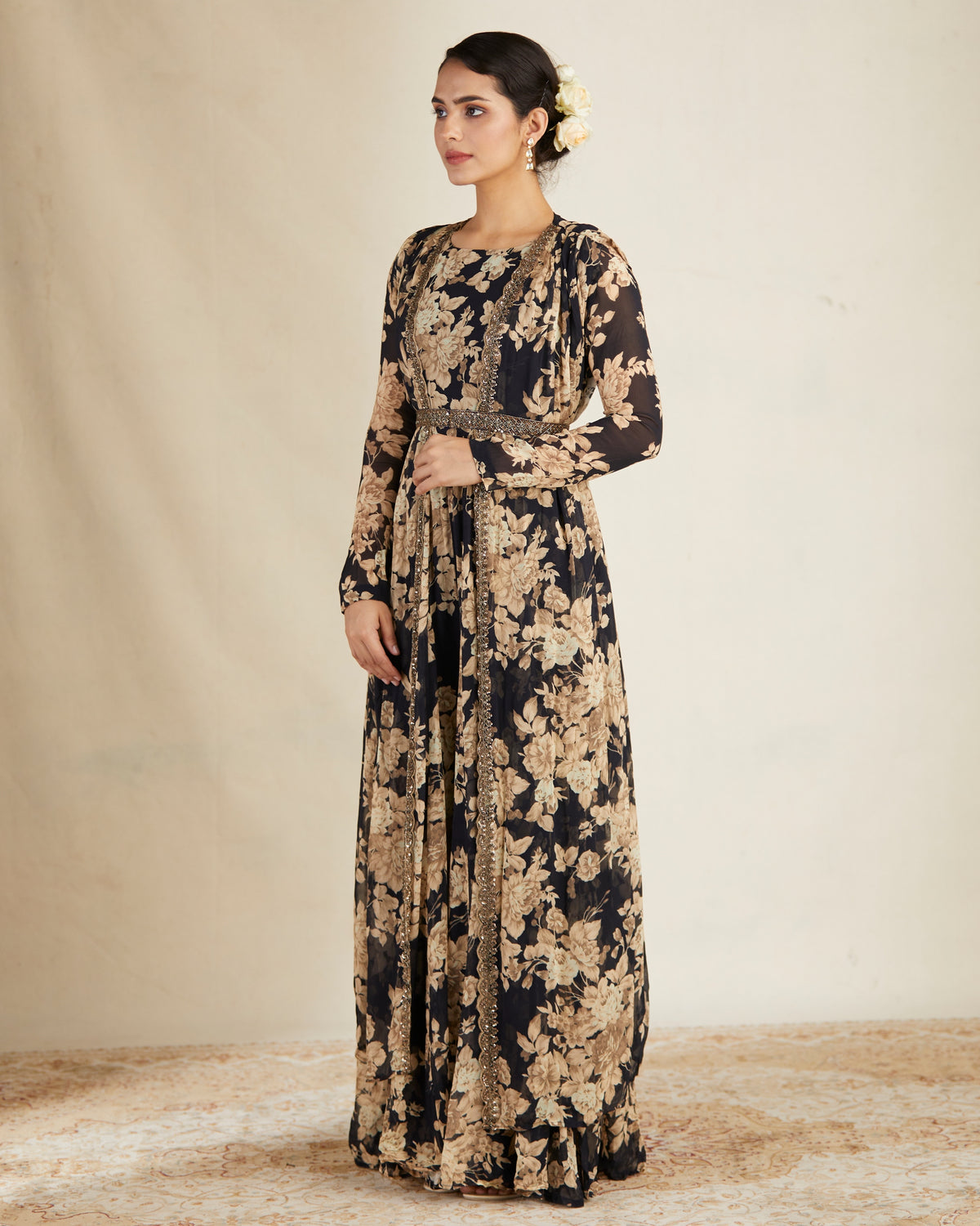 Black Floral Jumpsuit With Cape Set