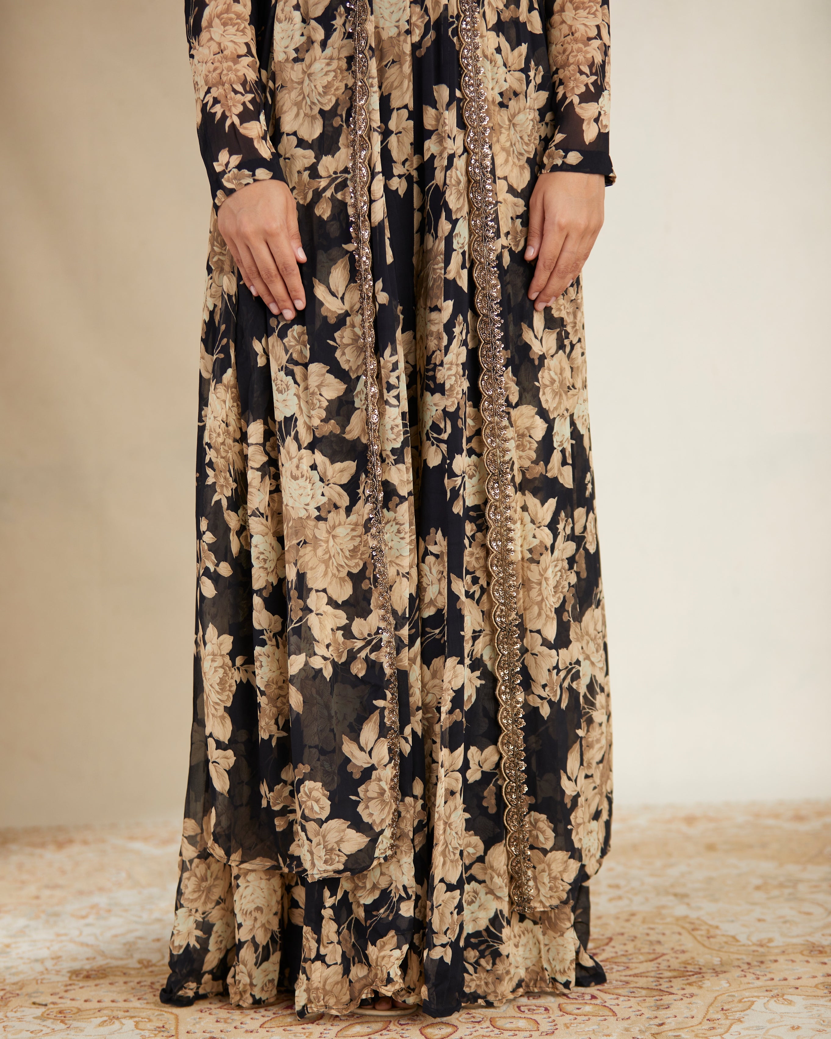 Black Floral Jumpsuit With Cape Set