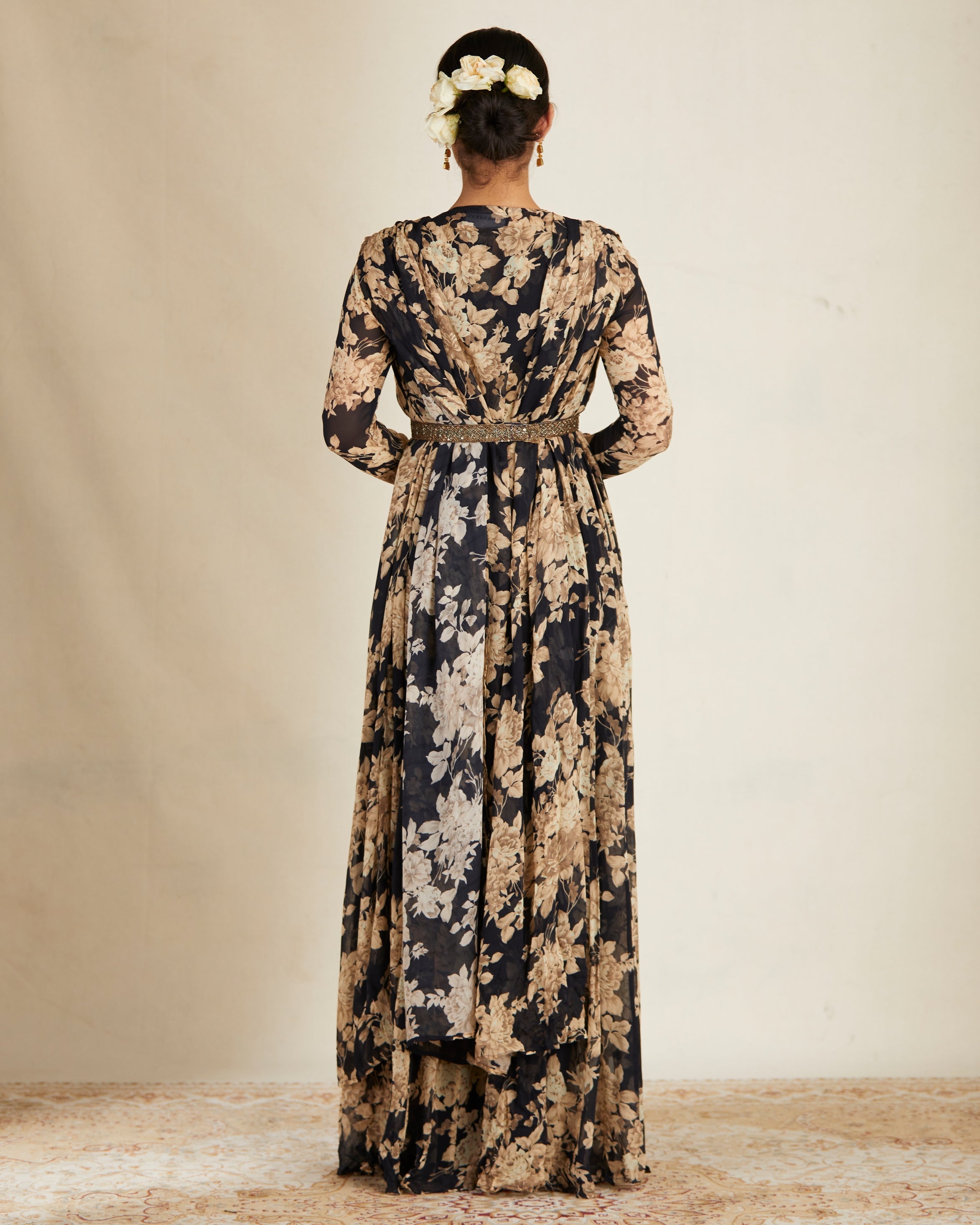 Black Floral Jumpsuit With Cape Set