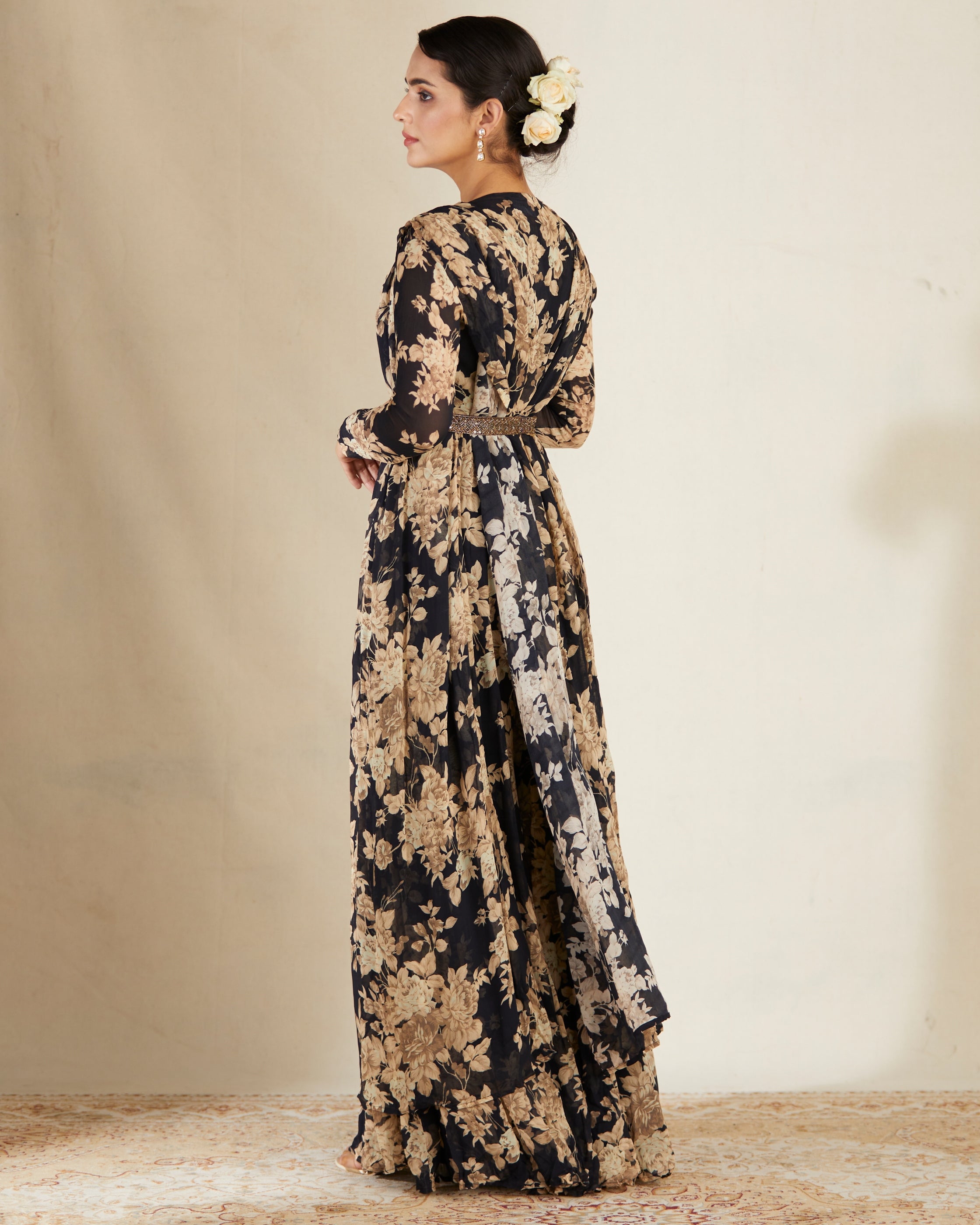 Black Floral Jumpsuit With Cape Set