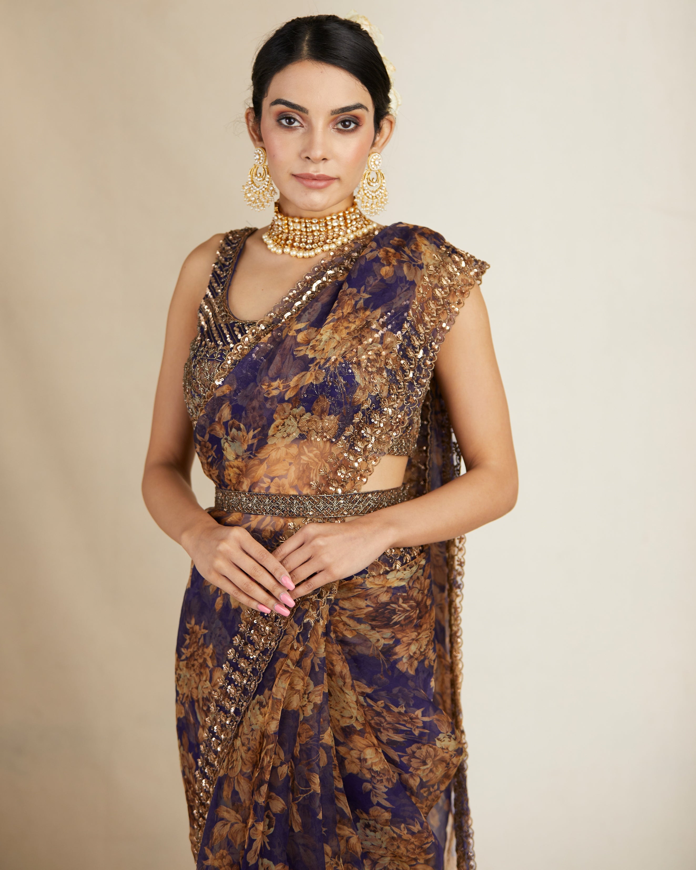 Purple Floral Sari Set