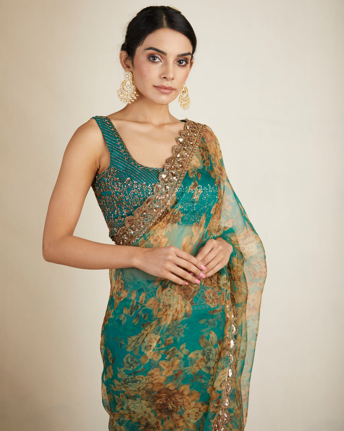 Teal Green Floral Sari Set