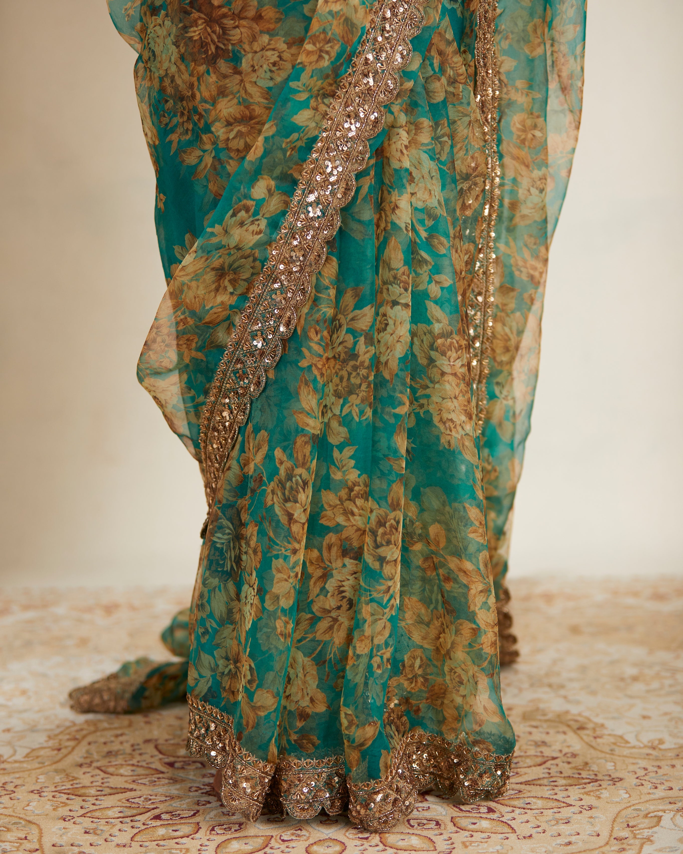 Teal Green Floral Sari Set