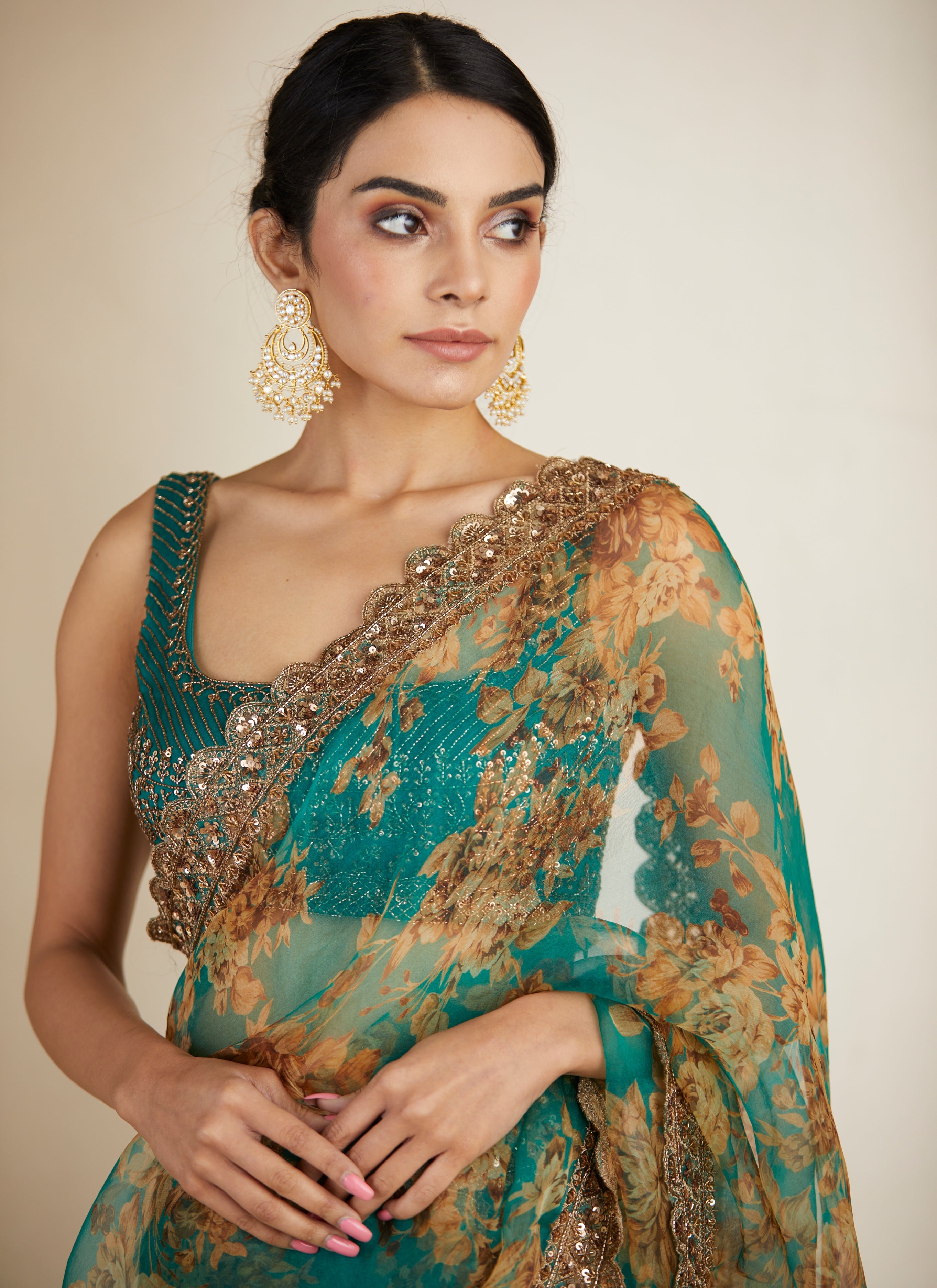 Teal Green Floral Sari Set