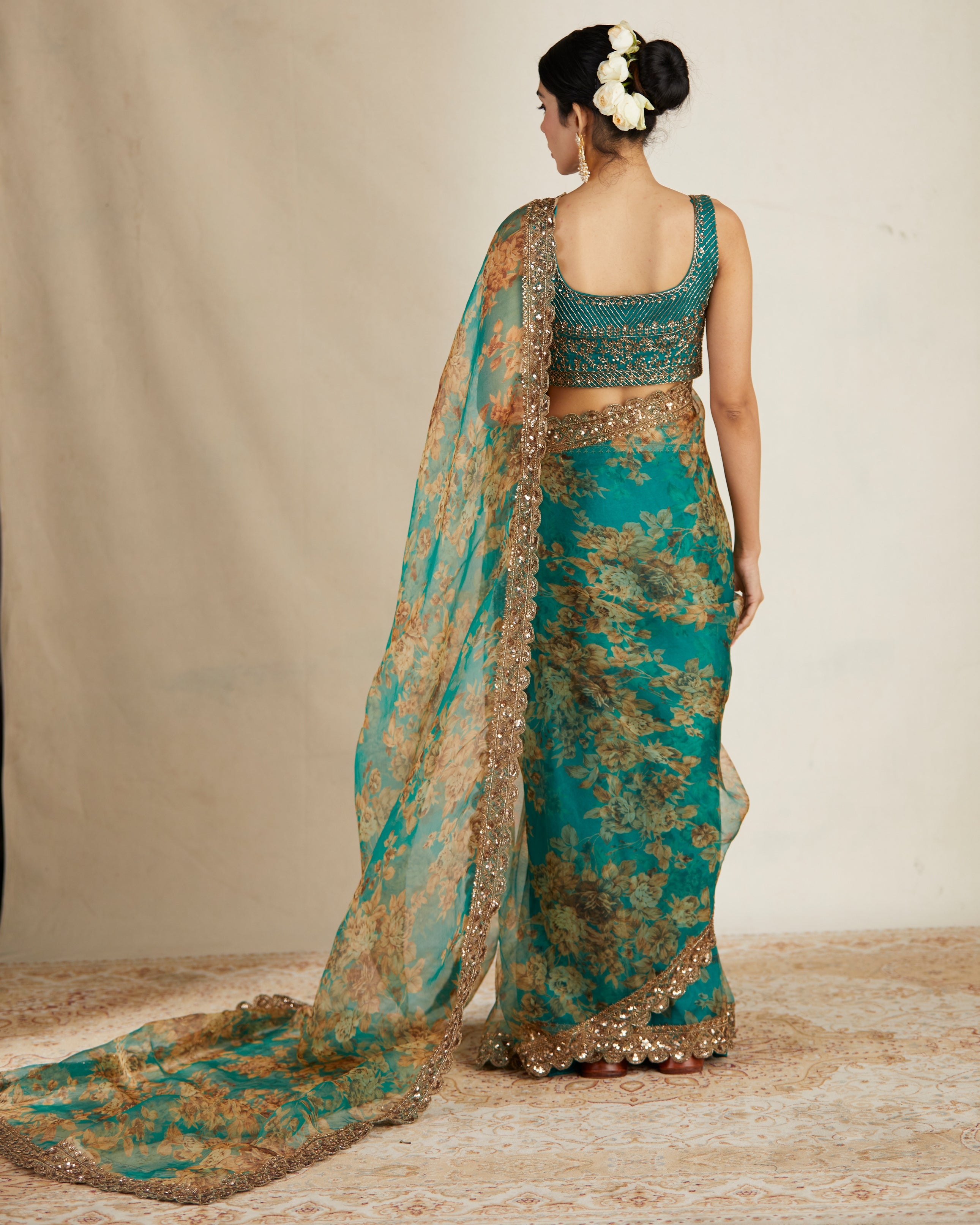 Teal Green Floral Sari Set