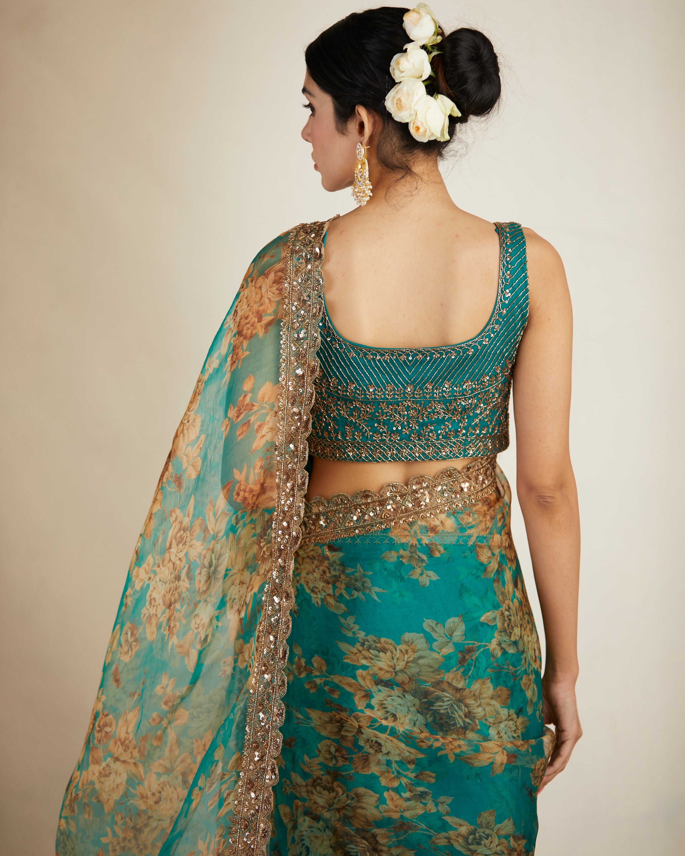 Teal Green Floral Sari Set