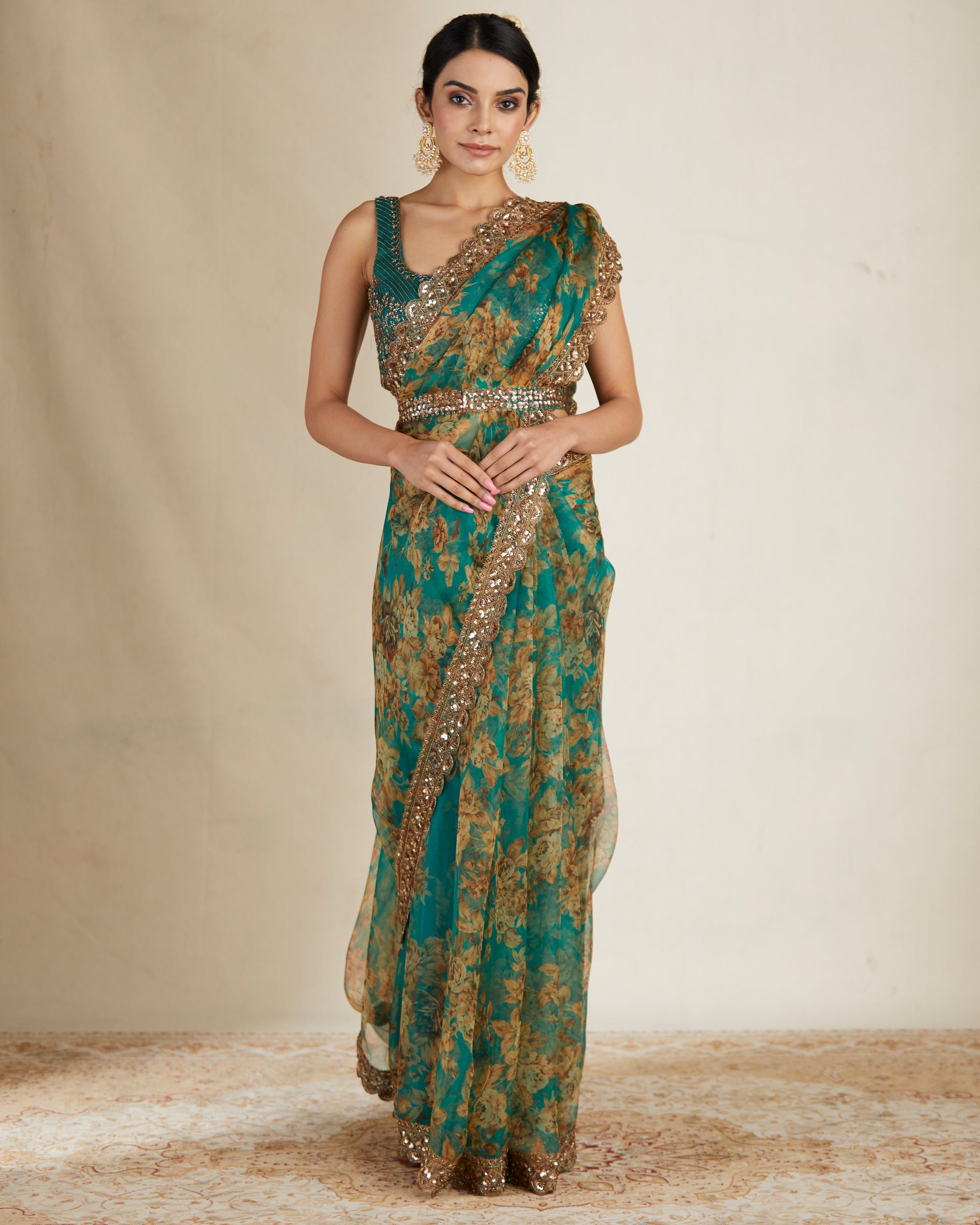 Teal Green Floral Sari Set