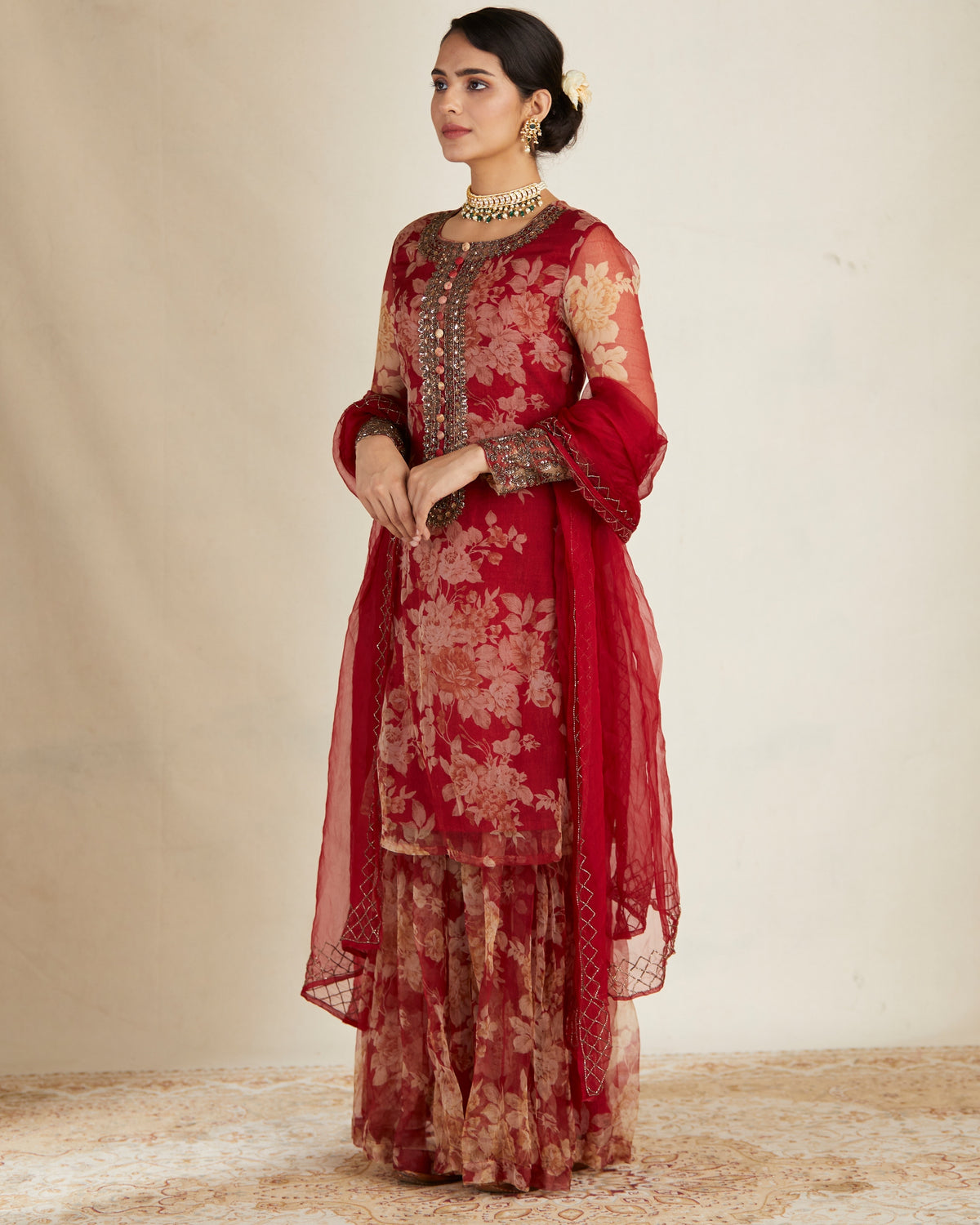 Red Floral Kurti Set