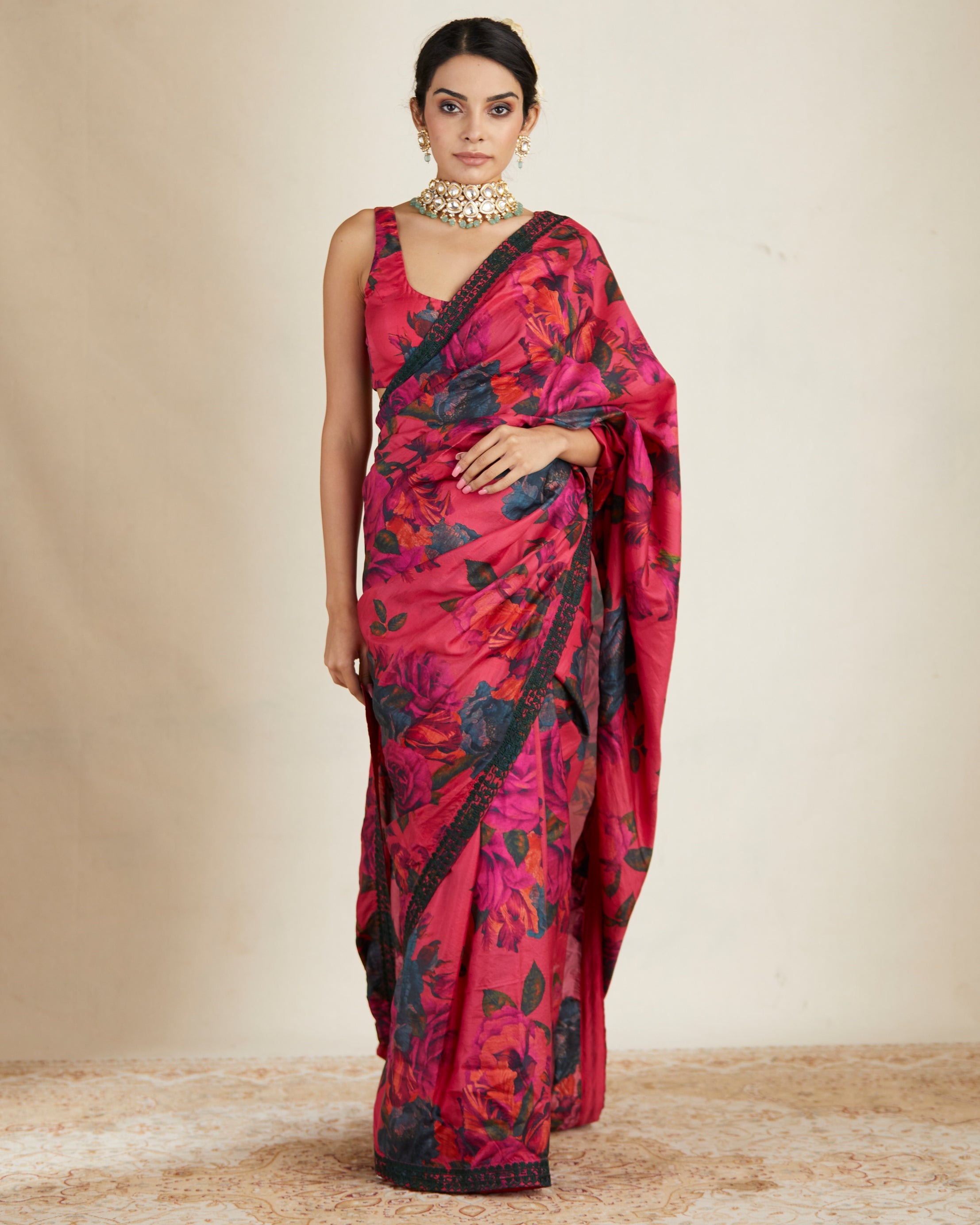 Hot Pink Floral Sari Set