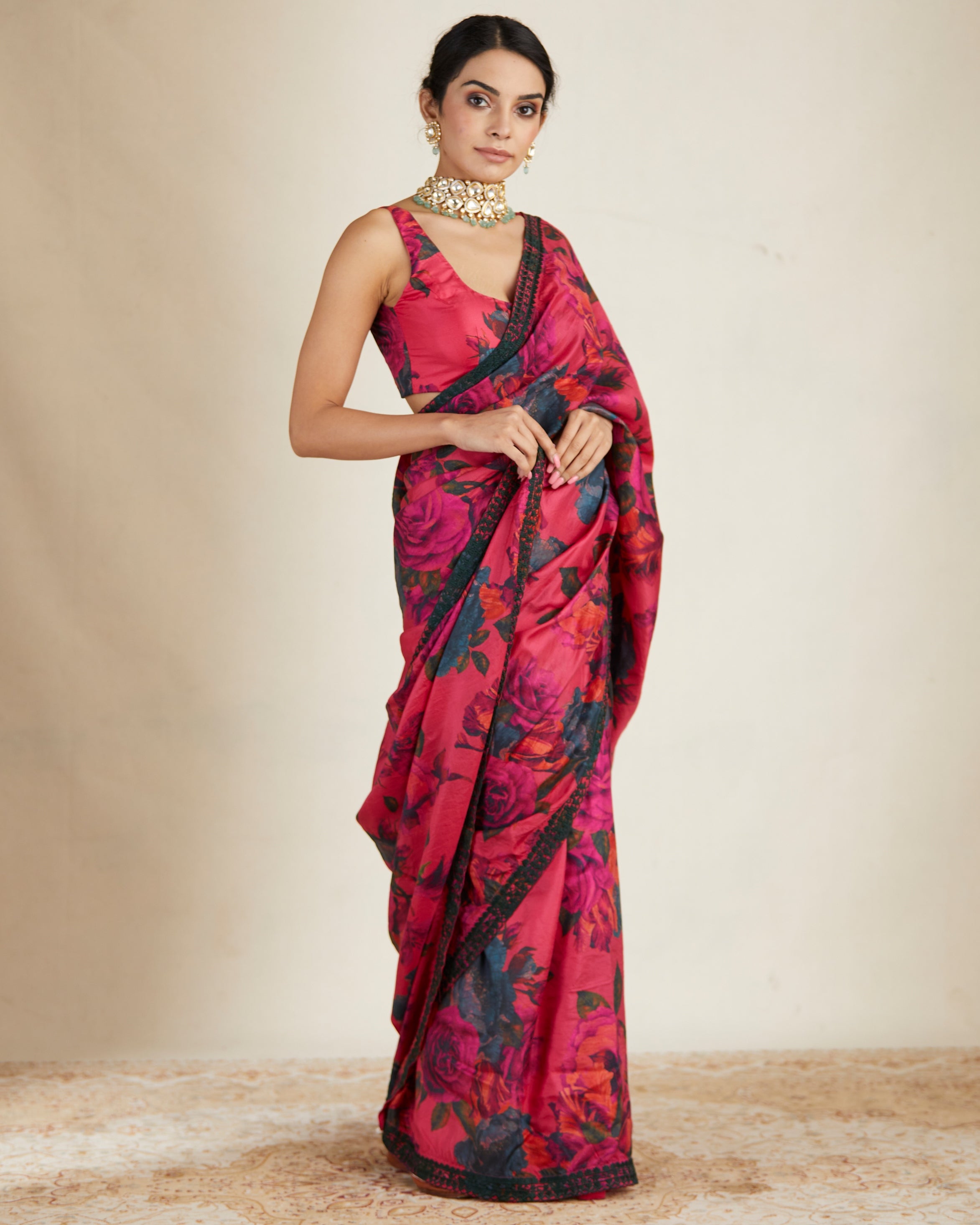 Hot Pink Floral Sari Set