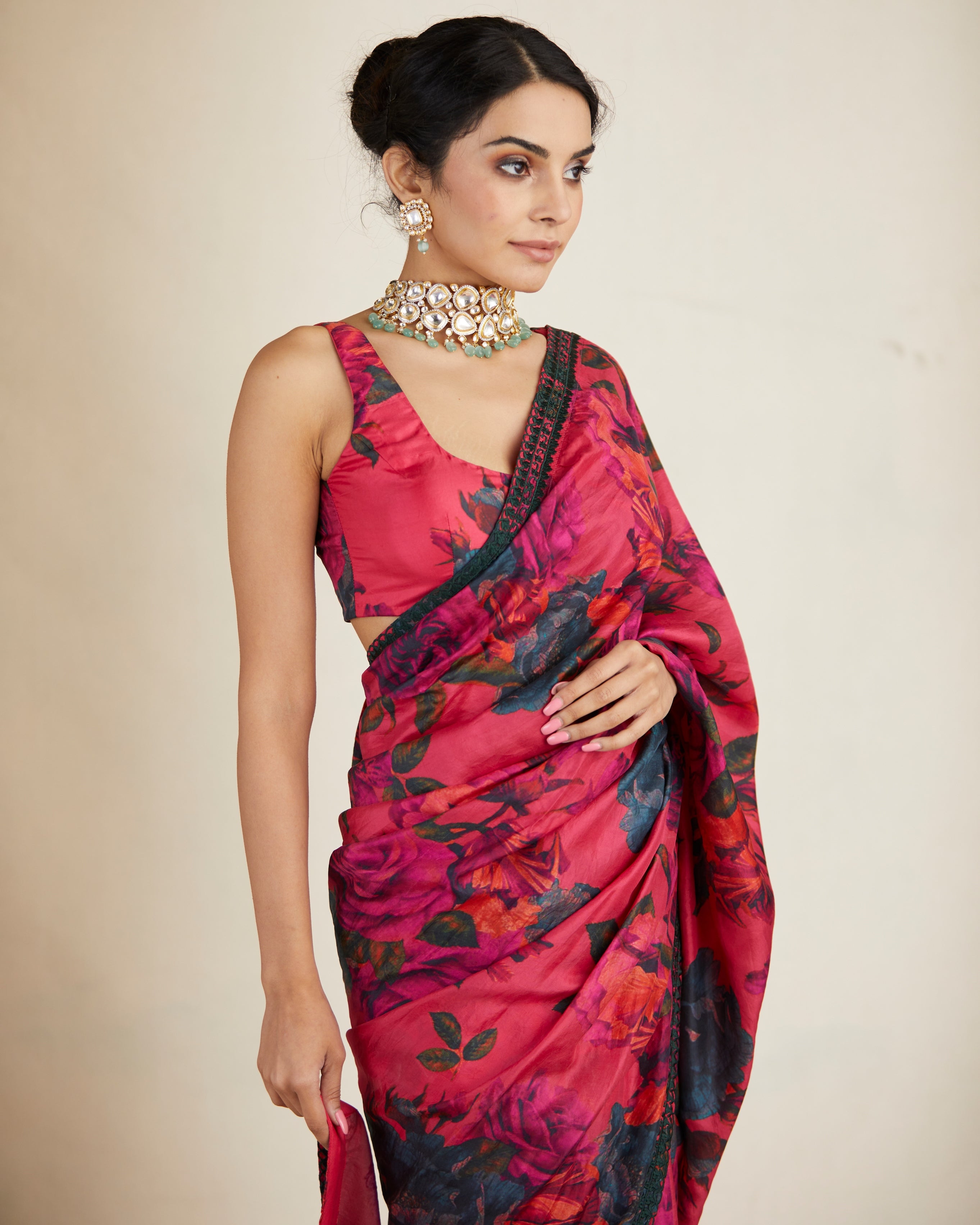 Hot Pink Floral Sari Set