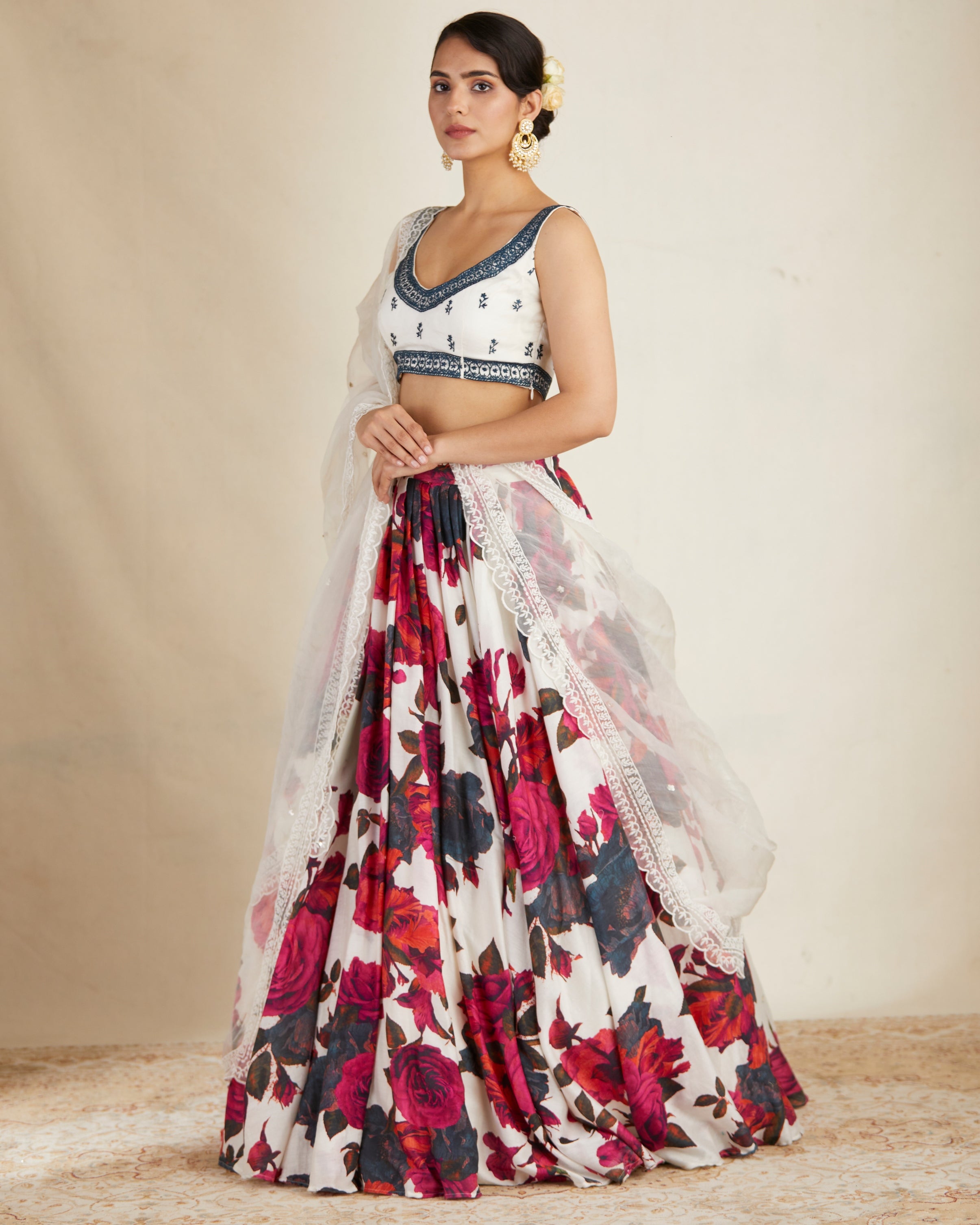 White & Red Floral Lehenga With White Blouse Set