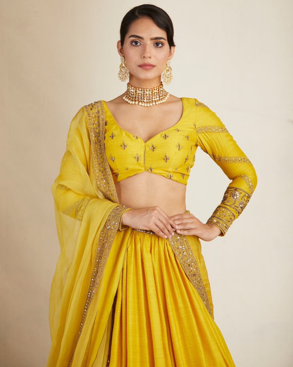 Mustard Chanderi Silk Crepe Beaded Lehenga Set