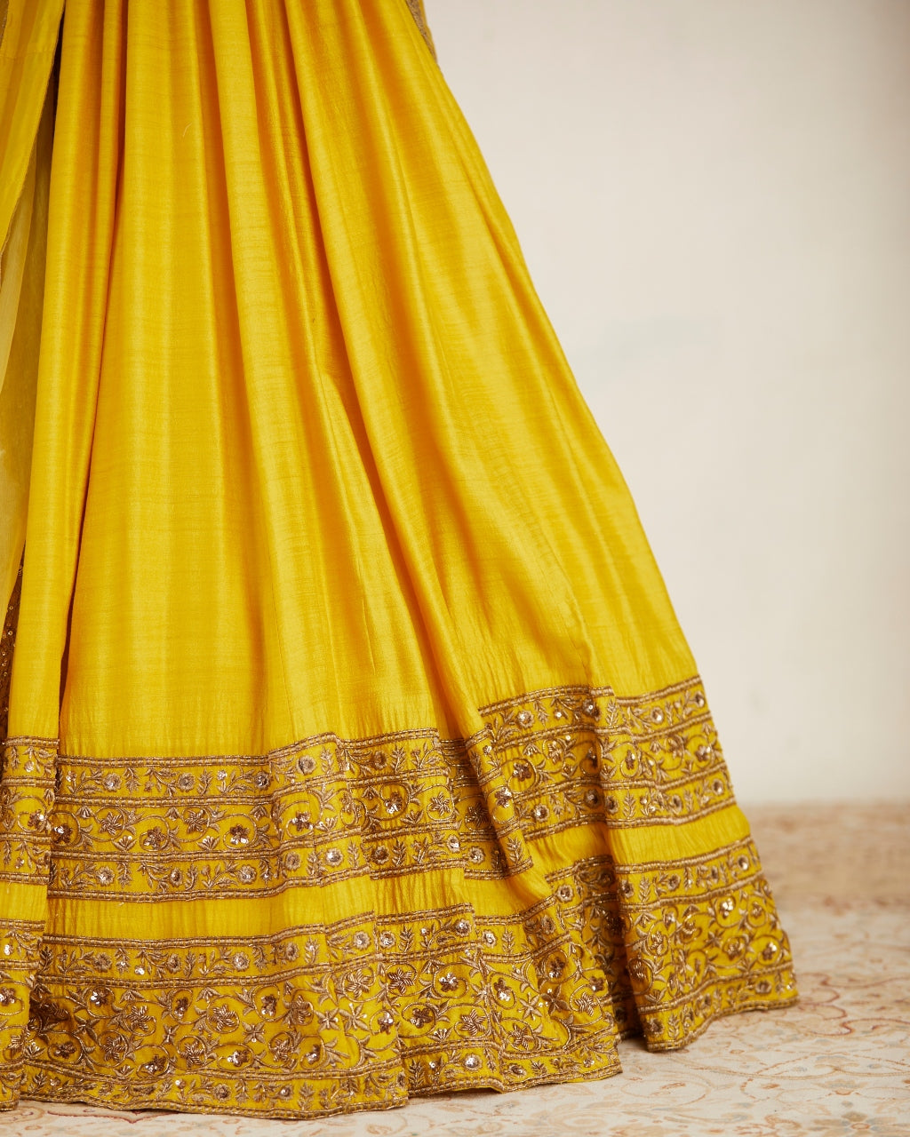 Mustard Chanderi Silk Crepe Beaded Lehenga Set