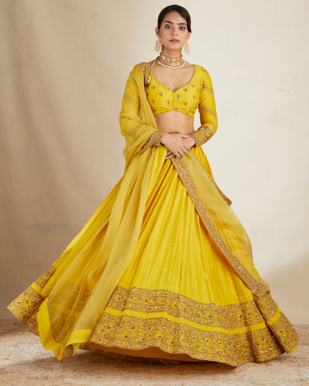 Mustard Chanderi Silk Crepe Beaded Lehenga Set