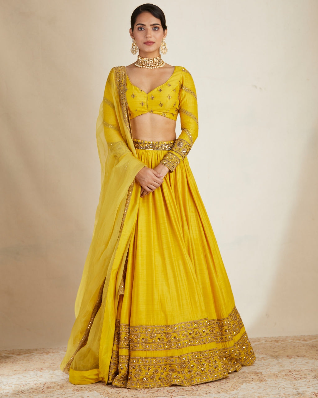 Mustard Chanderi Silk Crepe Beaded Lehenga Set