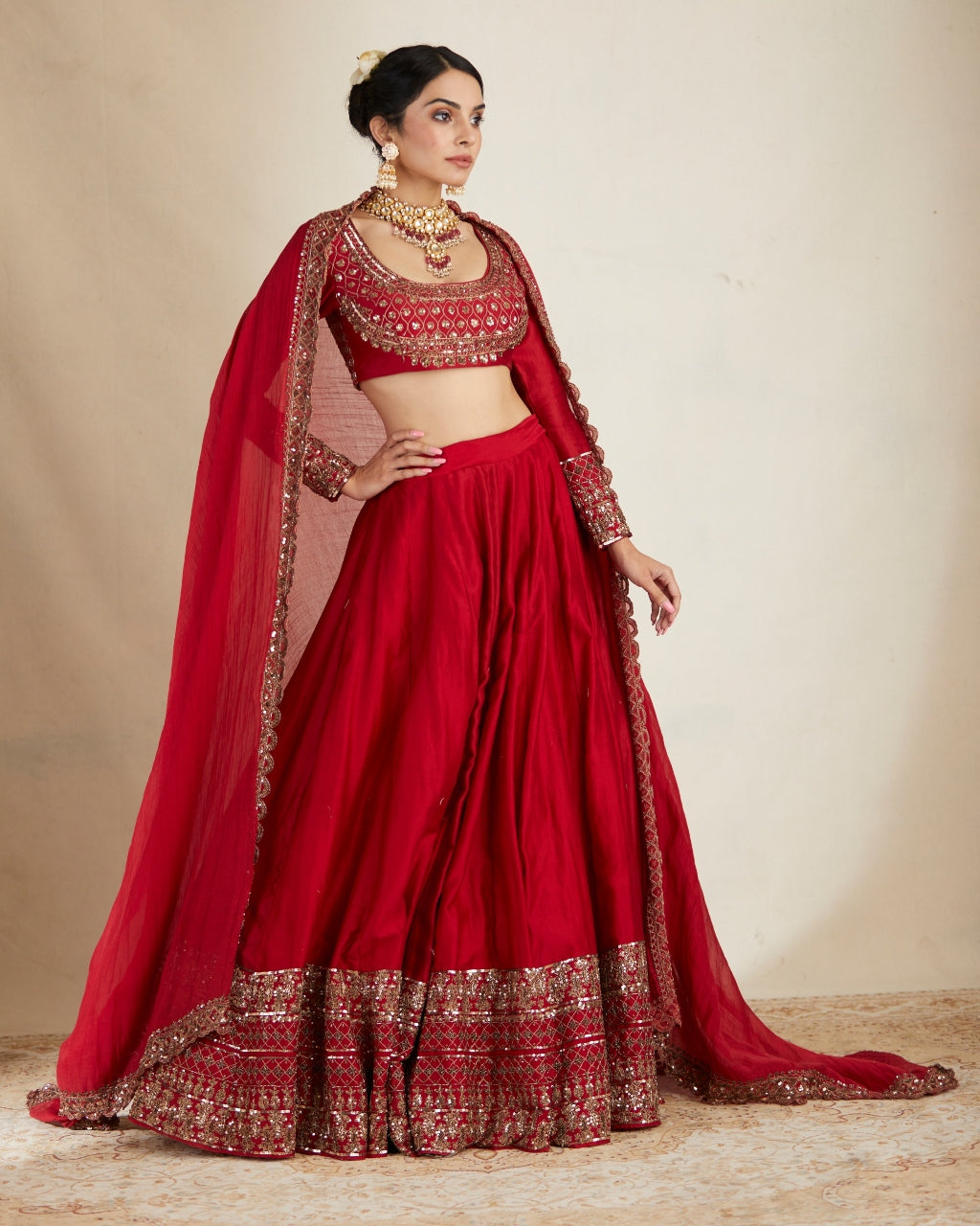 Red Chanderi Silk Crepe Beaded Lehenga Set