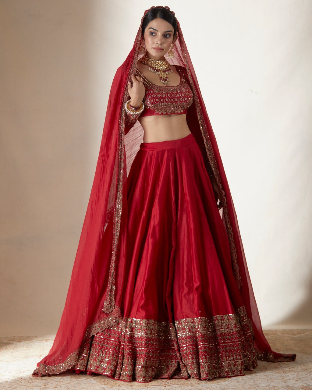 Red Chanderi Silk Crepe Beaded Lehenga Set