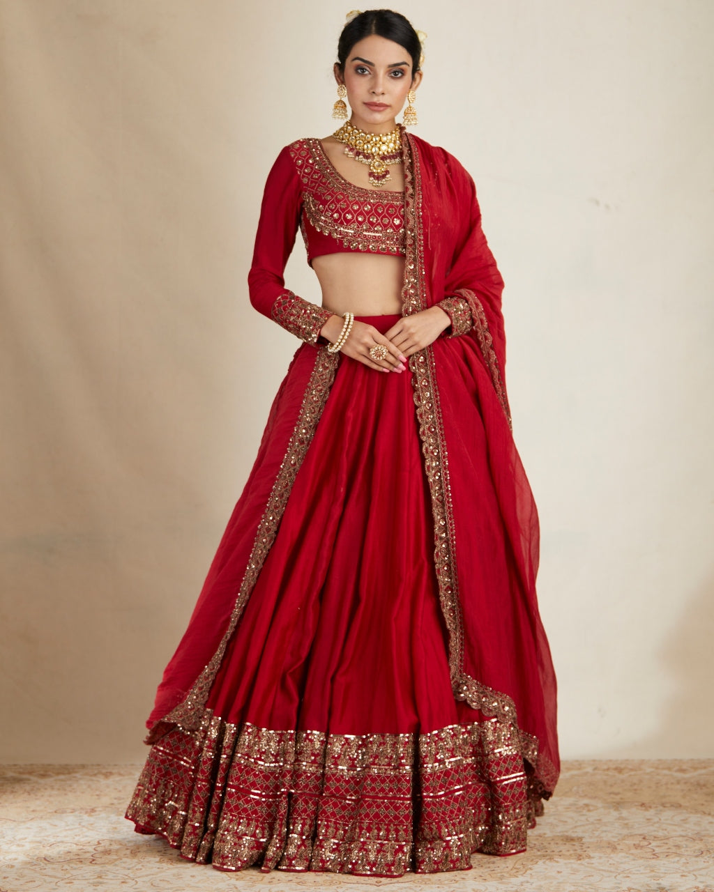 Red Chanderi Silk Crepe Beaded Lehenga Set