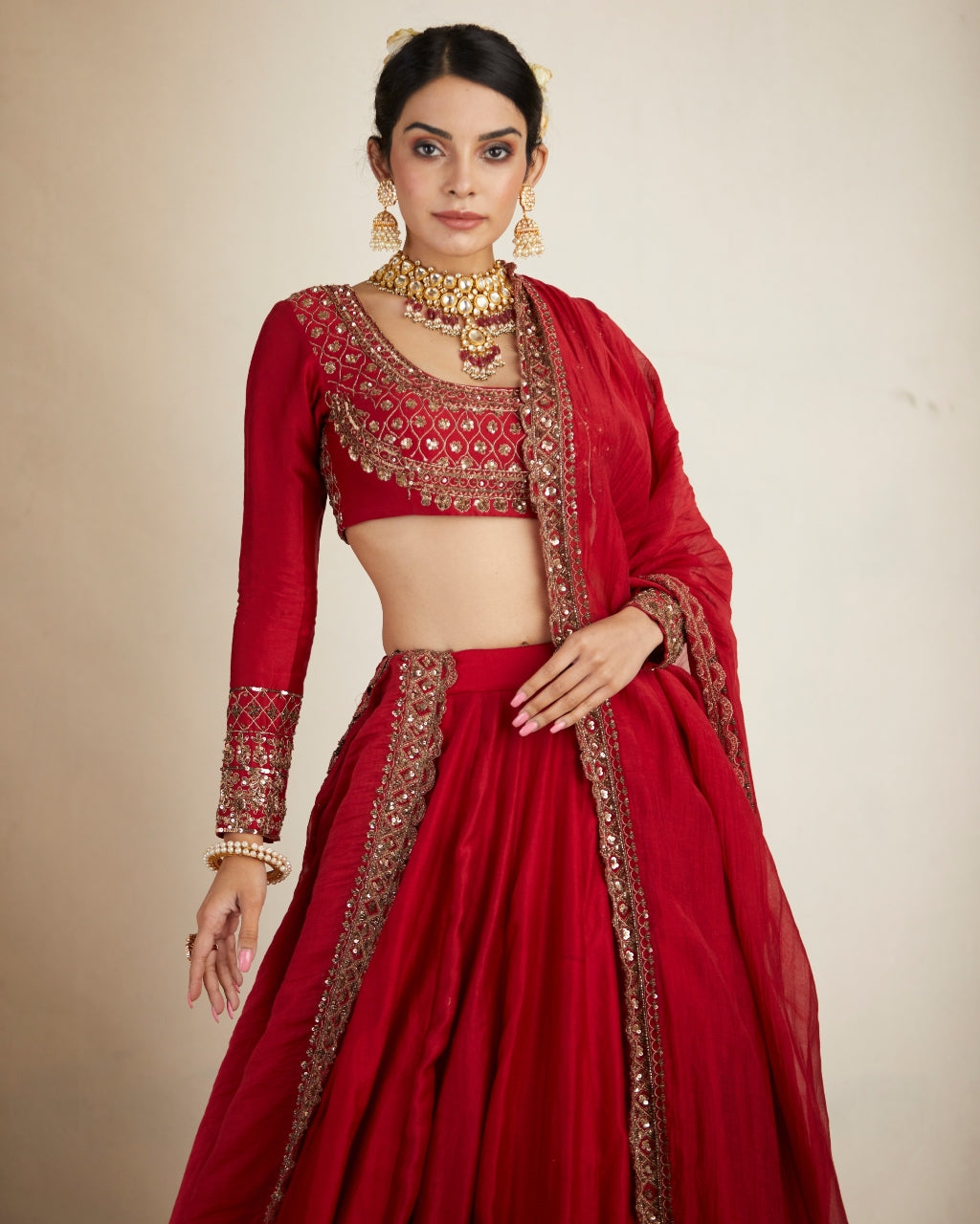 Red Chanderi Silk Crepe Beaded Lehenga Set