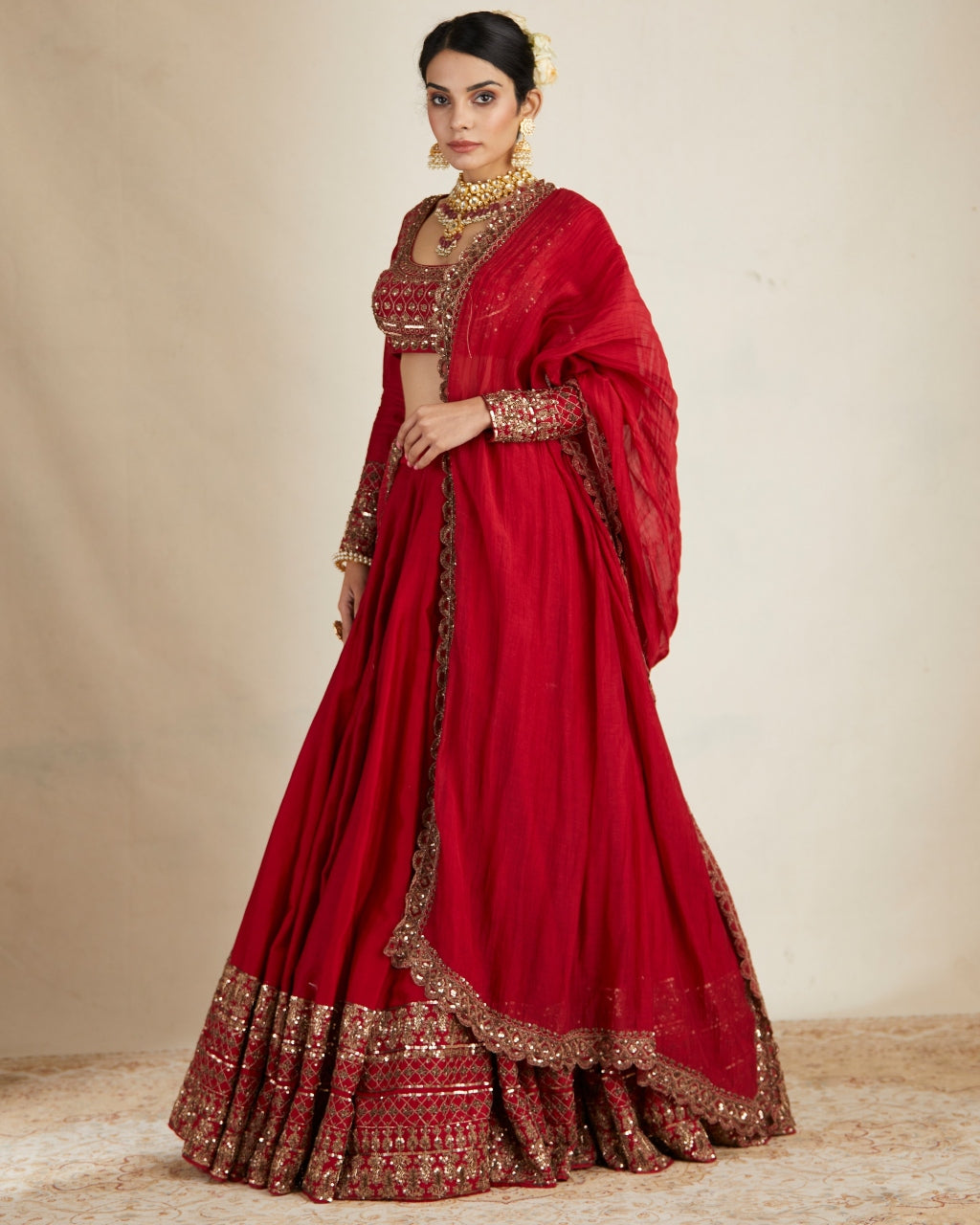 Red Chanderi Silk Crepe Beaded Lehenga Set