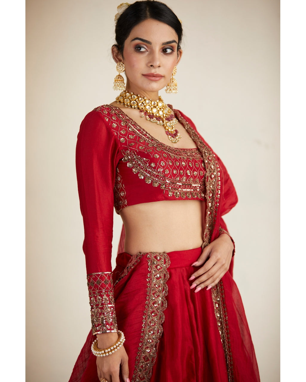 Red Chanderi Silk Crepe Beaded Lehenga Set