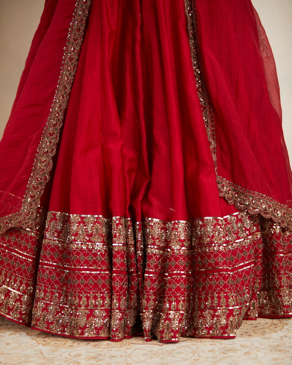 Red Chanderi Silk Crepe Beaded Lehenga Set