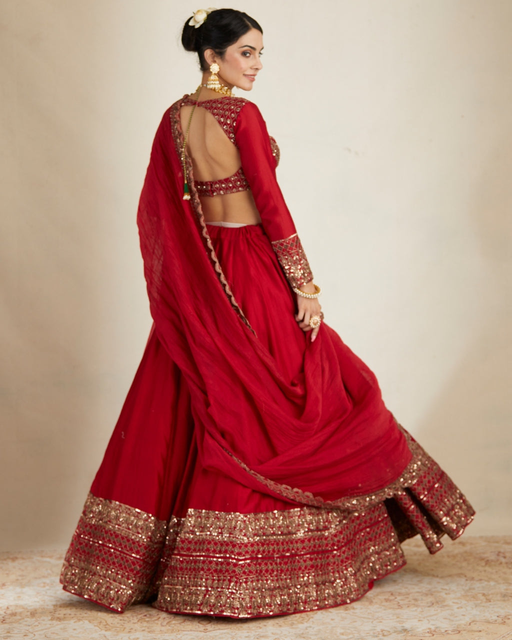 Red Chanderi Silk Crepe Beaded Lehenga Set