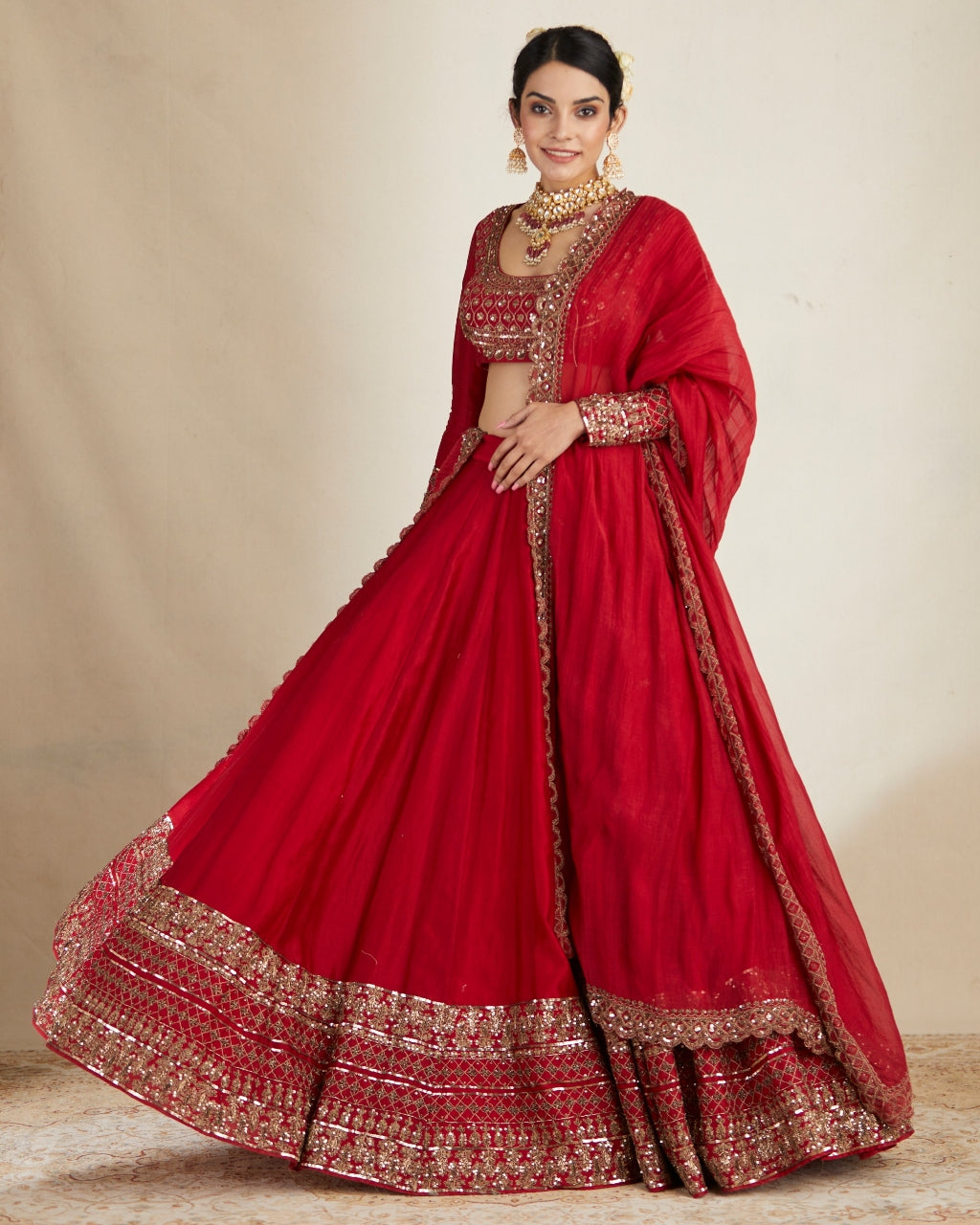 Red Chanderi Silk Crepe Beaded Lehenga Set