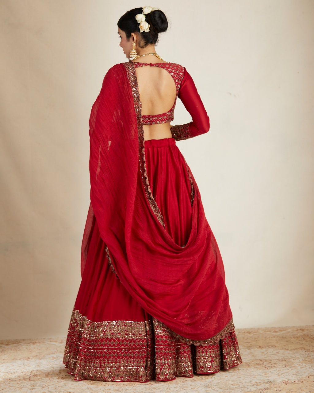 Red Chanderi Silk Crepe Beaded Lehenga Set