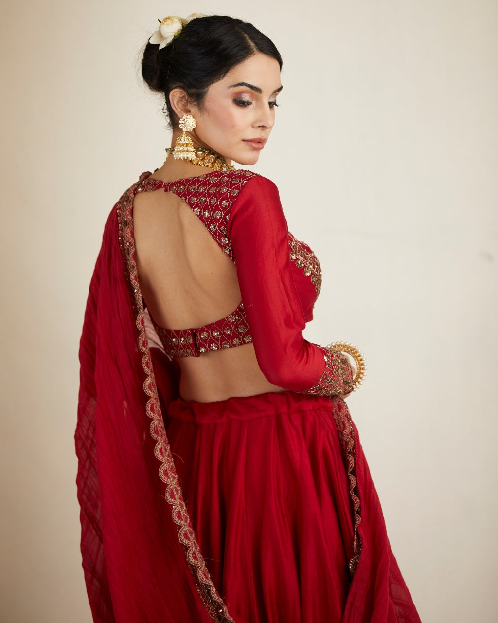 Red Chanderi Silk Crepe Beaded Lehenga Set